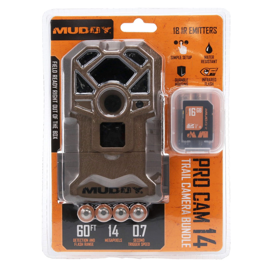 Muddy 14 Pro Cam MTC100K Combo - 14MP & 480 Video at 30FPS 0.7 Sec Trigger Speed 80ft Detection IR Range Durable Hunting Outdoor Scouting Trail Camera, AA Batteries & 16GB Memory Card Included