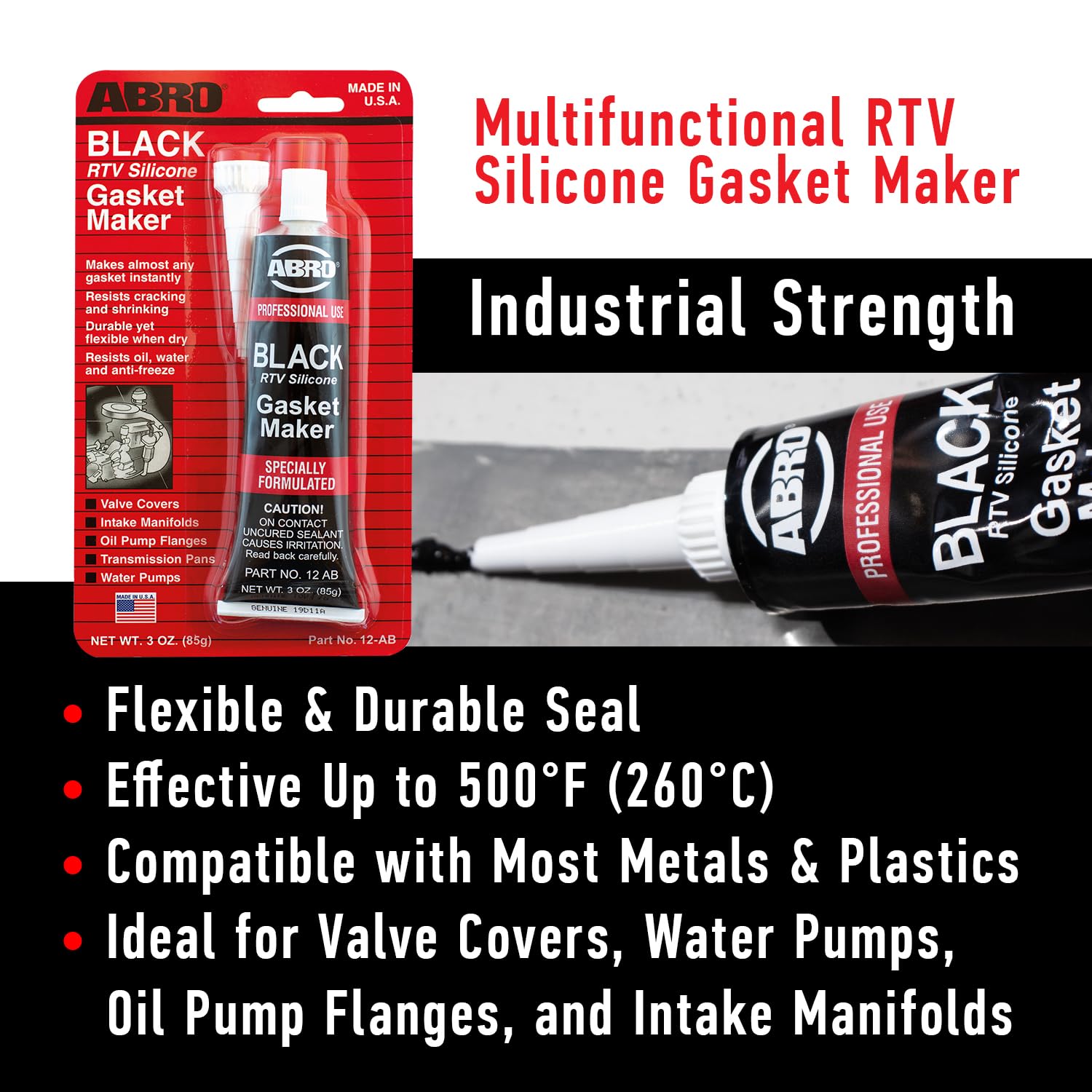 RTV Silicone Sealant and Gasket Maker ABRO: Up to 500 Degree F Heat, High Temp Silicone Sealant, 3 oz/85g Tube - Black