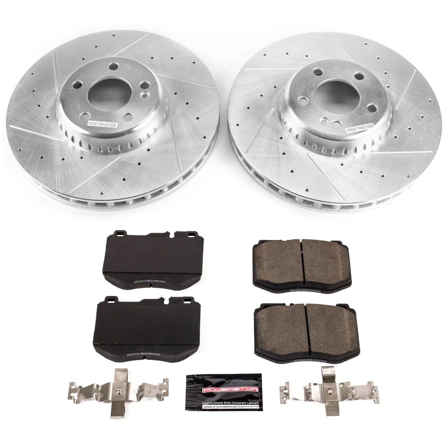 Power Stop K7969 Z23 Carbon Fiber Brake Pads Front with Drilled & Slotted Brake Rotors Kit and 1 Front Sensor Wire For Mercedes-Benz C300, Mercedes-Benz C350e, Mercedes-Benz [Model Specific]