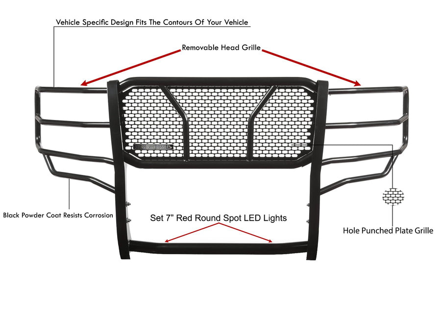Heavy Duty Black Horse Rugged Grille Brush Bumper Guard Modular Black Come with Pair of 7.0" Dia.LED Lights with Red Trim Rings Compatible with 2011-2014 Silverado 3500 HD/2500 HD-RU-CHSI11-B-PLR