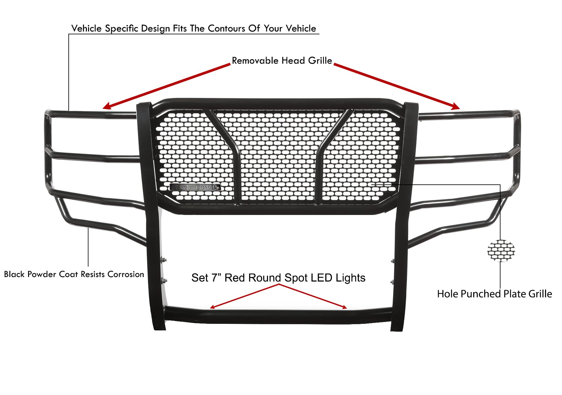 Heavy Duty Black Horse RUGGED Grille Brush Bumper Guard Modular Come With pair of 7.0"LED Lights Compatible with 2011-2016 Ford F-250 Ford F-350/Ford F-450/Ford F-550 Super Duty-RU-FOF211-B-PLR