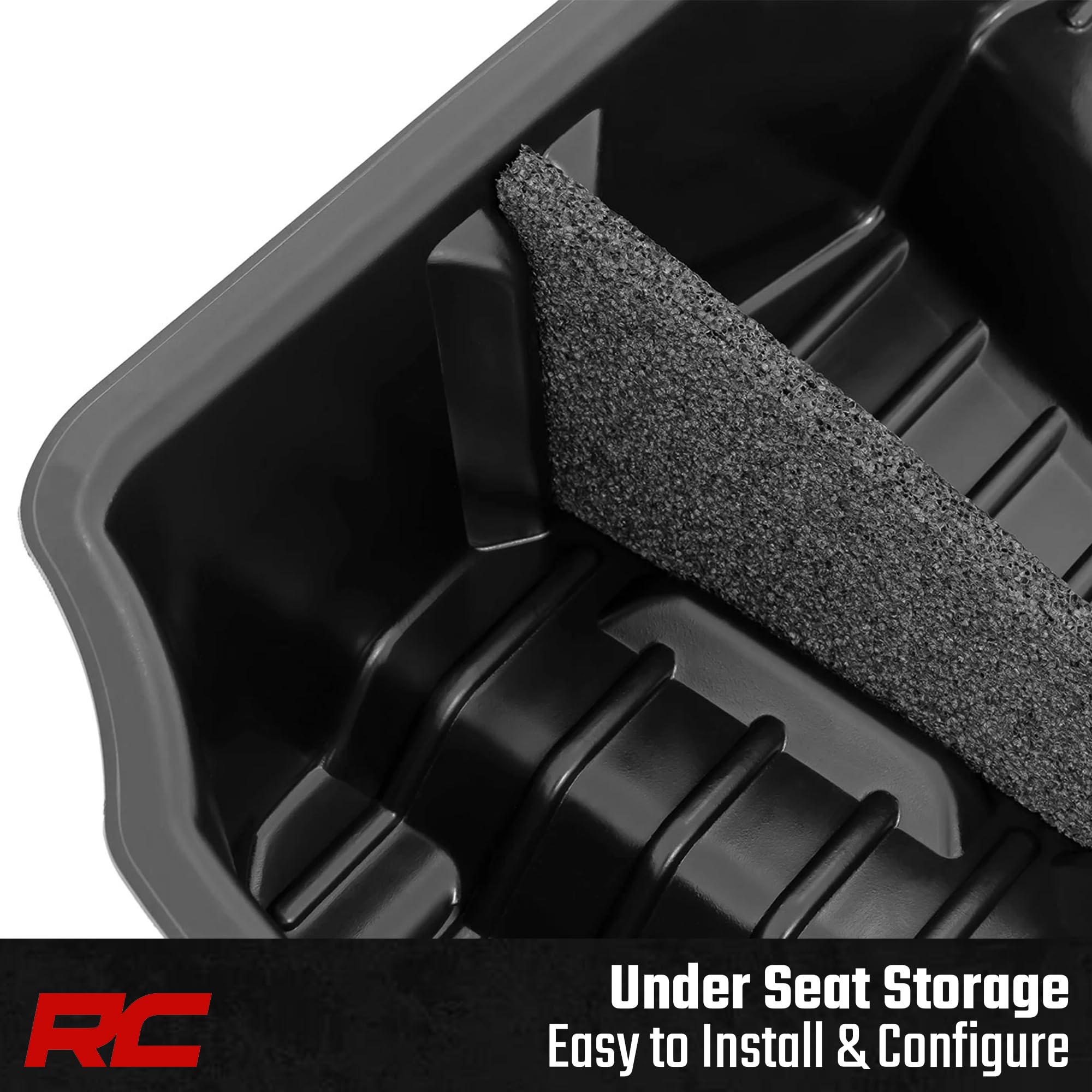 Rough Country Under Seat Storage Box for GMC Sierra & Chevy Silverado 1500/2500HD/3500HD Double Cab (2007–2019) - Custom-Fit Underseat Organizer Tray