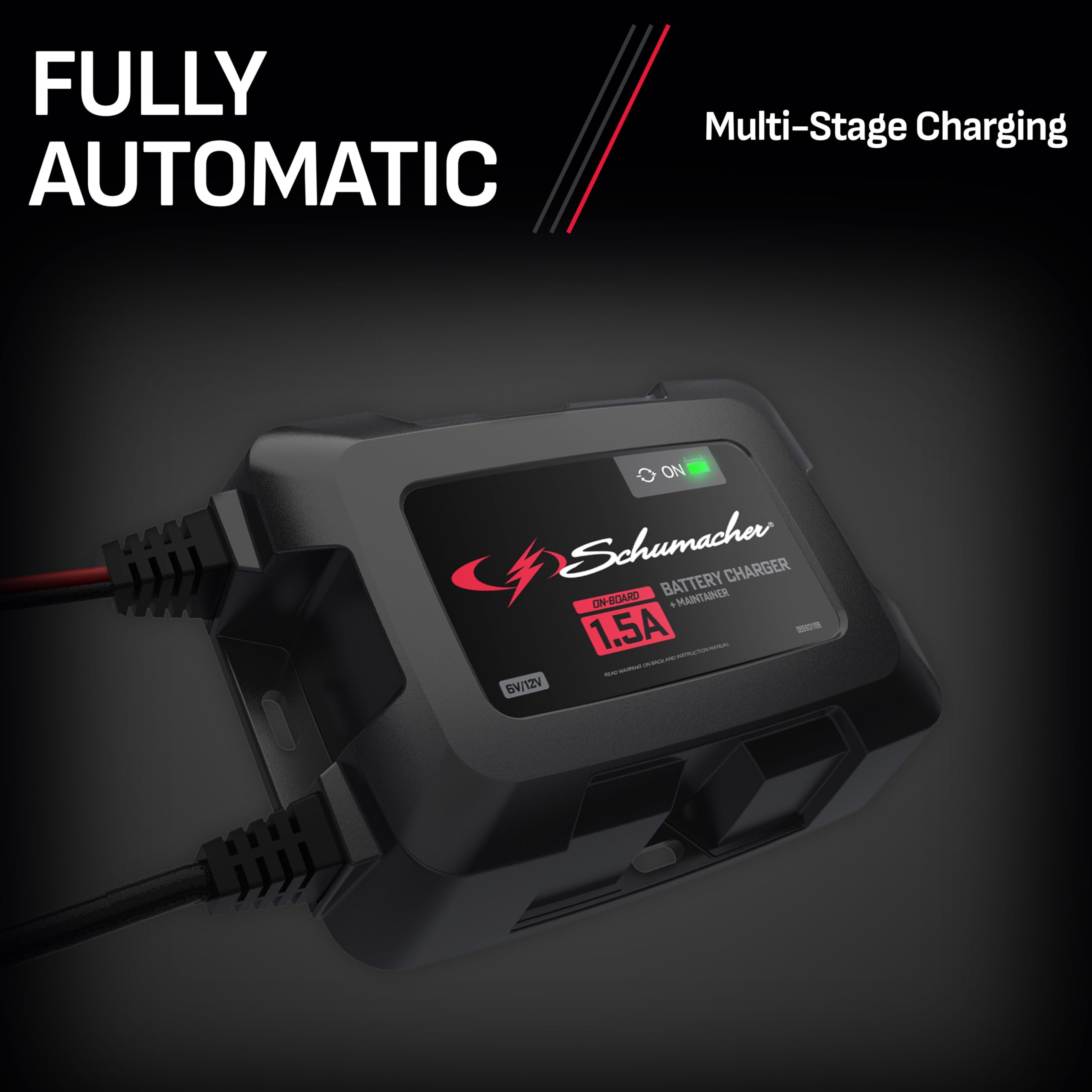 1.5A Schumacher Electric Onboard Car Battery Charger and Maintainer, 3-in-1 Solution, for 6V/12V Power Sport, Automotive, and Marine Batteries, SC1587