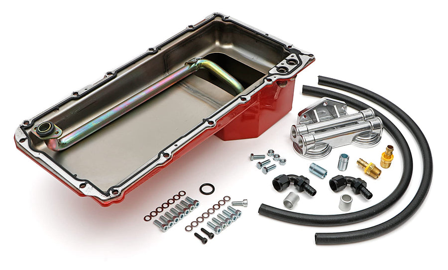 LS SWAP OIL PAN/FILTER RELOCATION KIT; TRANS-DAPT PERFORMANCE, DOUBLE FILTER; HORIZONTAL PORT, RED PAN (0177)