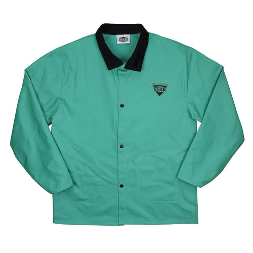 FR Treated Ironcat Cotton Sateen Jacket, 9 oz., Anodized Snaps, Interior Pocket, Pop-up Welders Collar, Scribe Pocket, Green, Small (7050/S)
