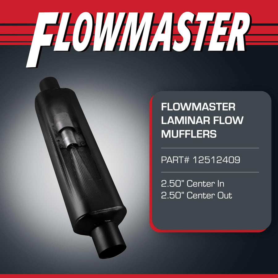 Flowmaster Super HP-2 Muffler Laminar Flow – 2.50” Center In/Center Out – Powerful Sound & Cool Shell Technology – 409 Stainless Steel – High Performance Exhaust for Muscle Cars & Trucks (12512409)