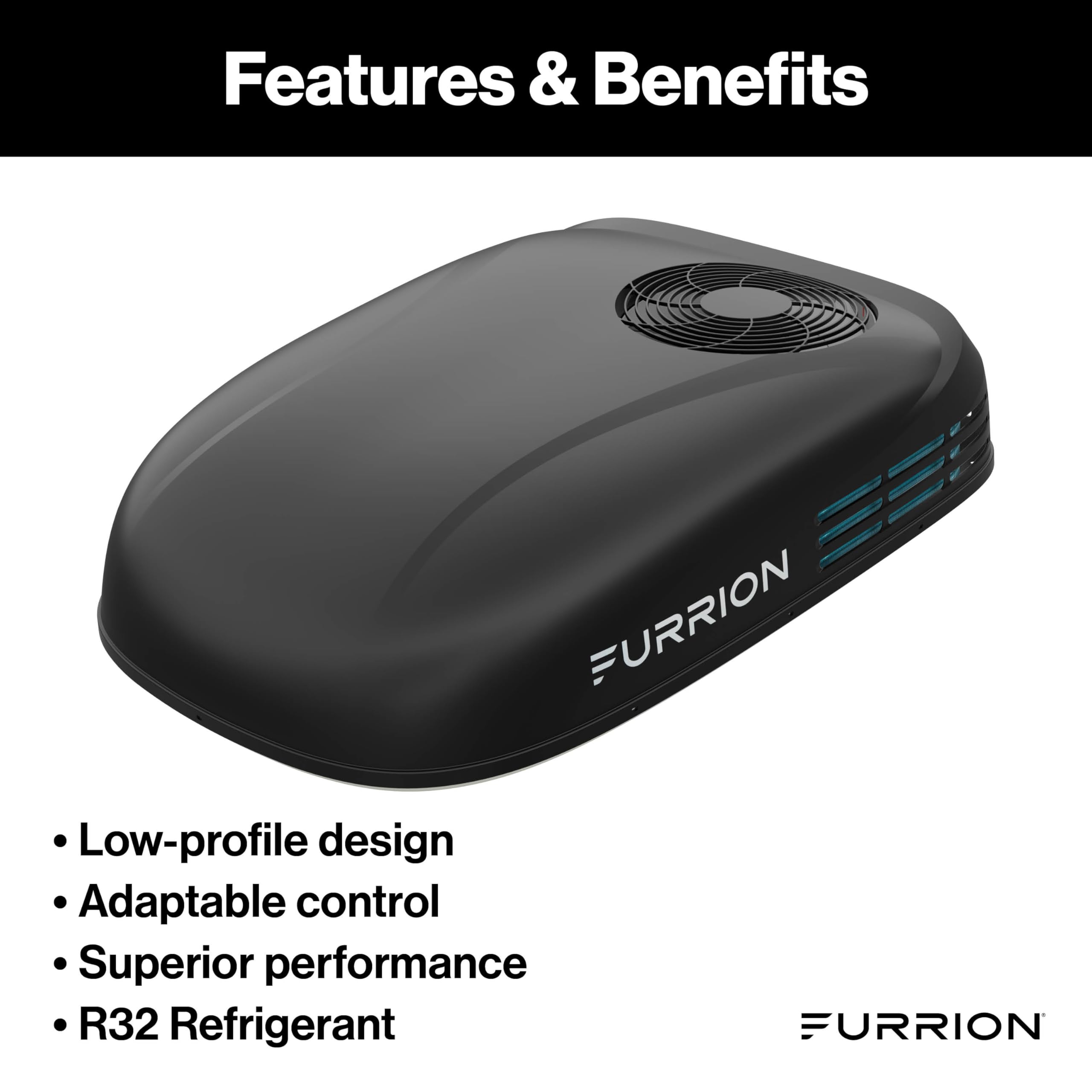 Furrion Chill 15,000 BTU Low-Profile RV Rooftop Air Conditioner with Heat Pump – Ultra-Quiet, Dual-Fan, High-Efficiency, R32 Eco Refrigerant, Vibrationsmart, Climatesmart, Black – FACR15LPSA2-BL-AM