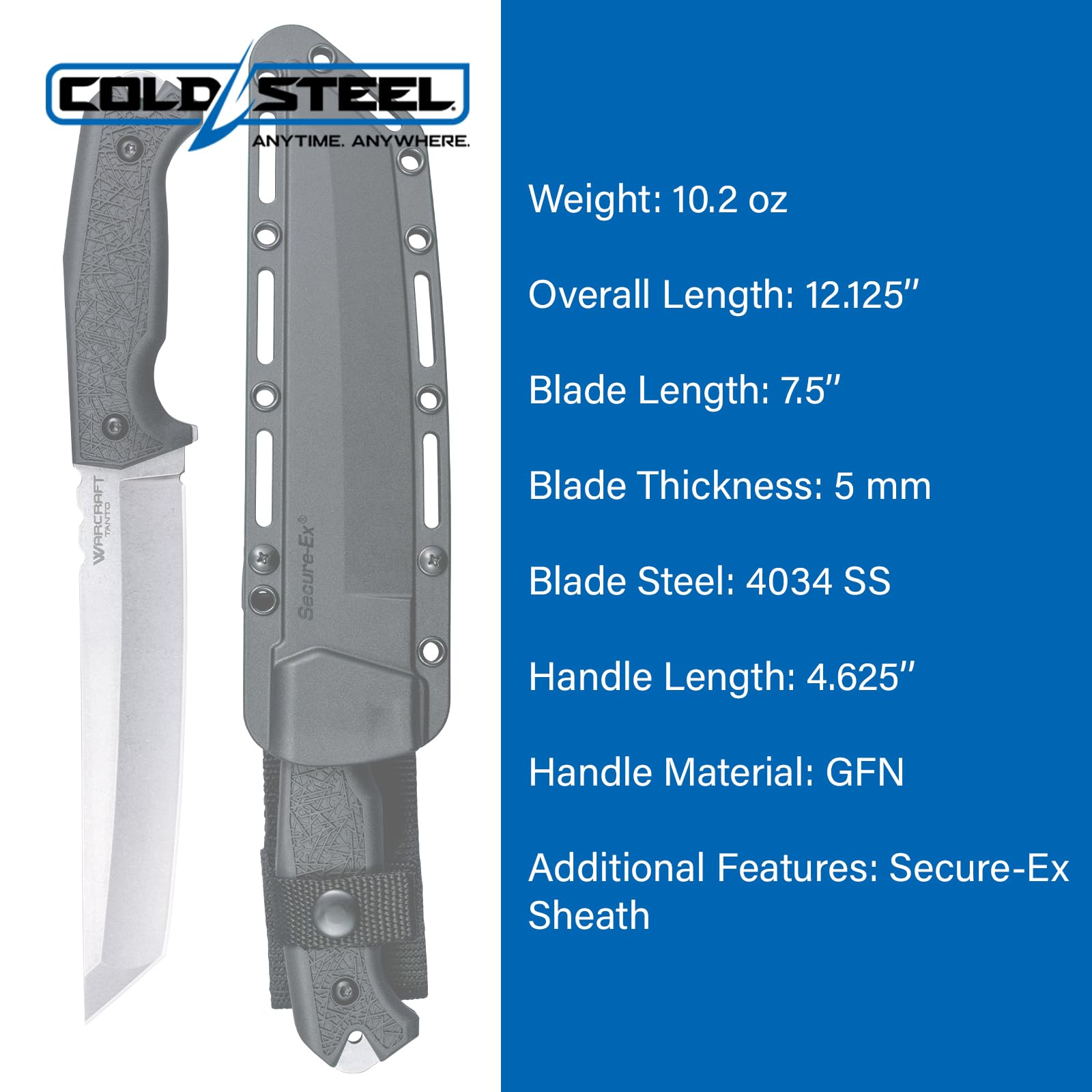 Cold Steel Warcraft Large Tanto 4034SS / 12.75" Overall / 7.5" Blade / 5MM Thick / 4034 Steel/GRIV-EX™ Handle/Secure-EX™ Sheath,Black
