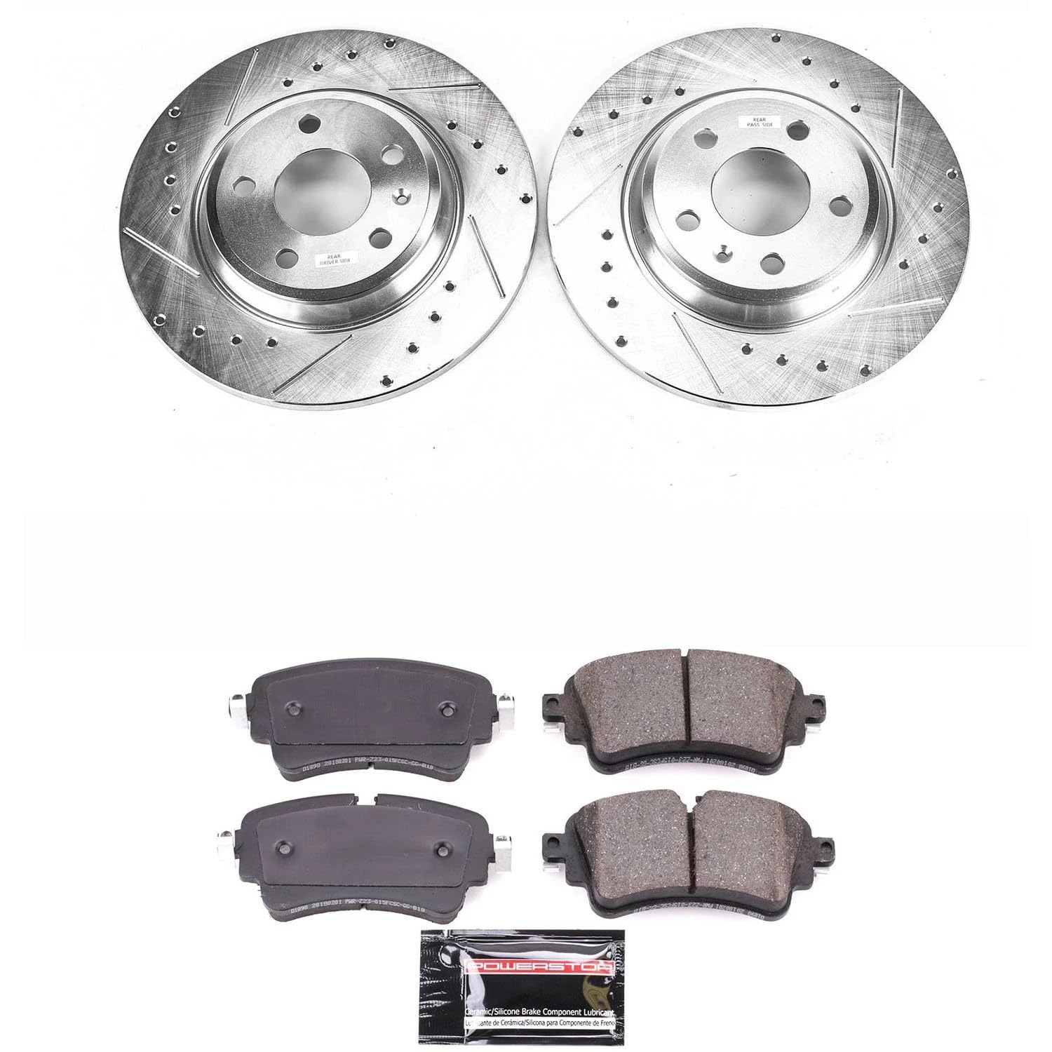 Power Stop K8091 Rear Brake Pads Z23 Carbon Fiber with Drilled & Slotted Brake Rotors Kit and 1 Rear Sensor Wire For Audi A4 2017-2020 [Model Specific]