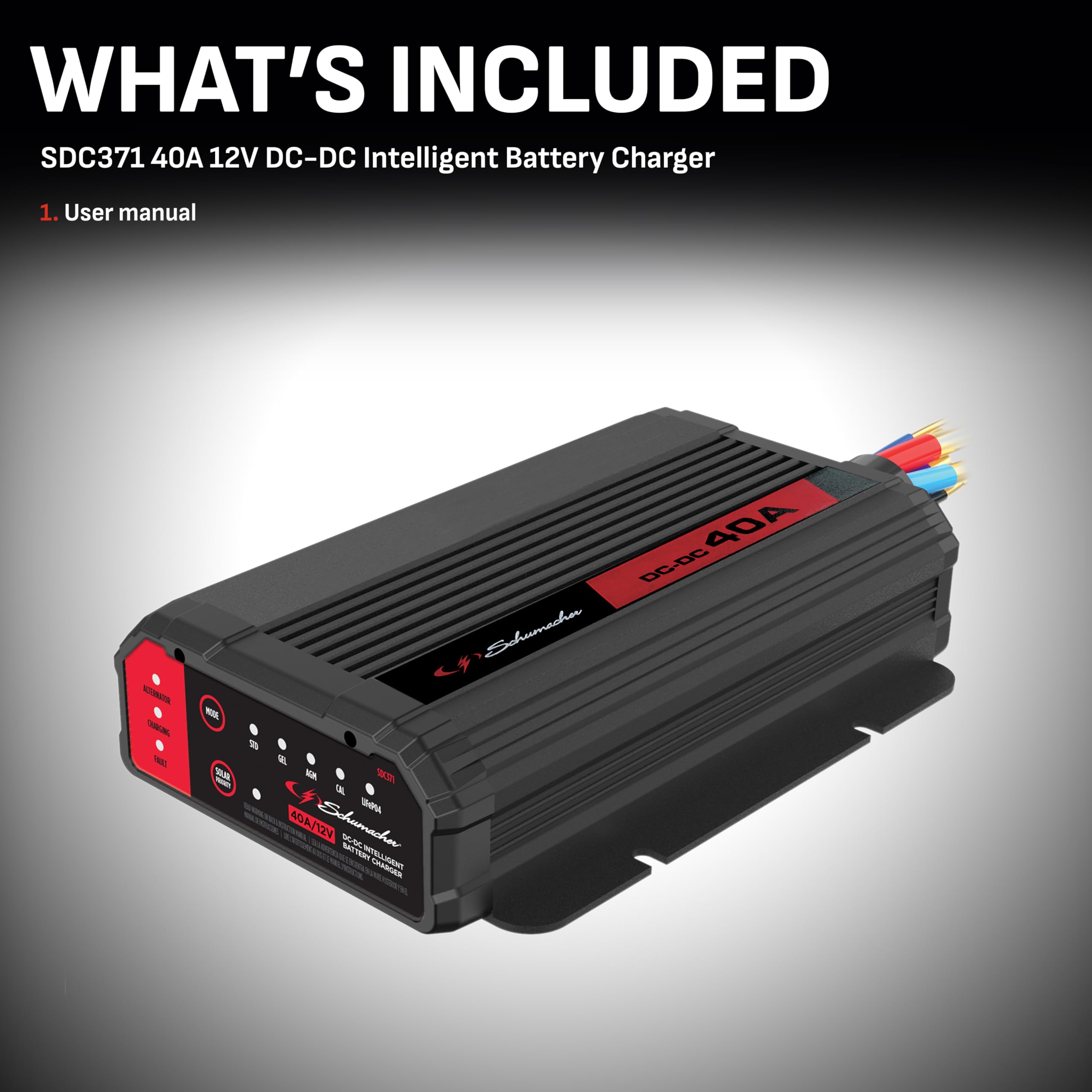 Schumacher Electric Smart Battery Charger and Maintainer SDC371 - 40A 12V DC-DC Charger - Standard, AGM, Gel, Calcium & Lithium Battery Charger - Use with Solar Panels or Vehicle Alternator