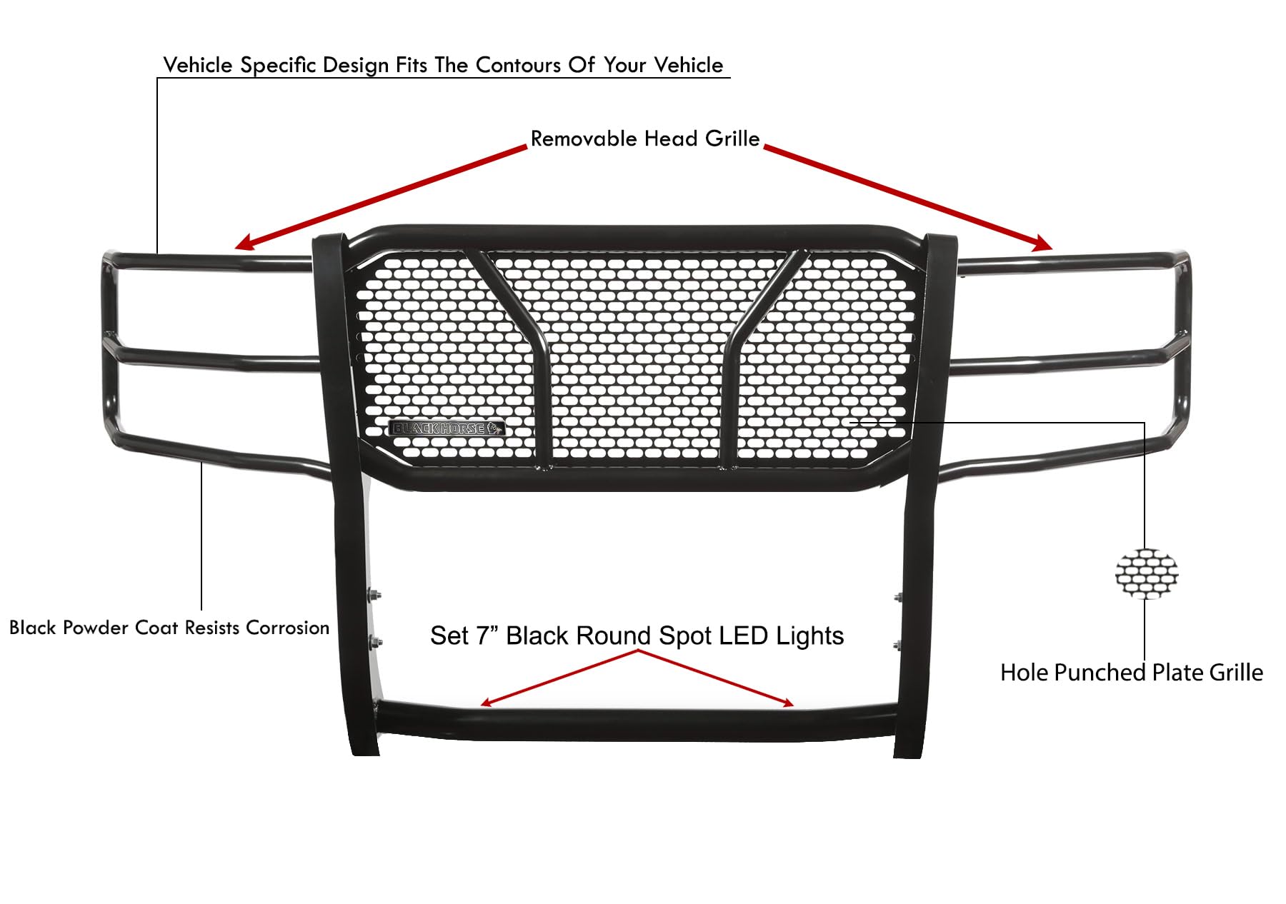 Heavy Duty Black Horse Rugged Grille Brush Bumper Guard Modular Black Come with Pair of 7.0" Dia. LED Lights with Black Trim Rings Compatible with 2007-2013 Chevrolet Silverado 1500-RU-CHSI07-B-PLB