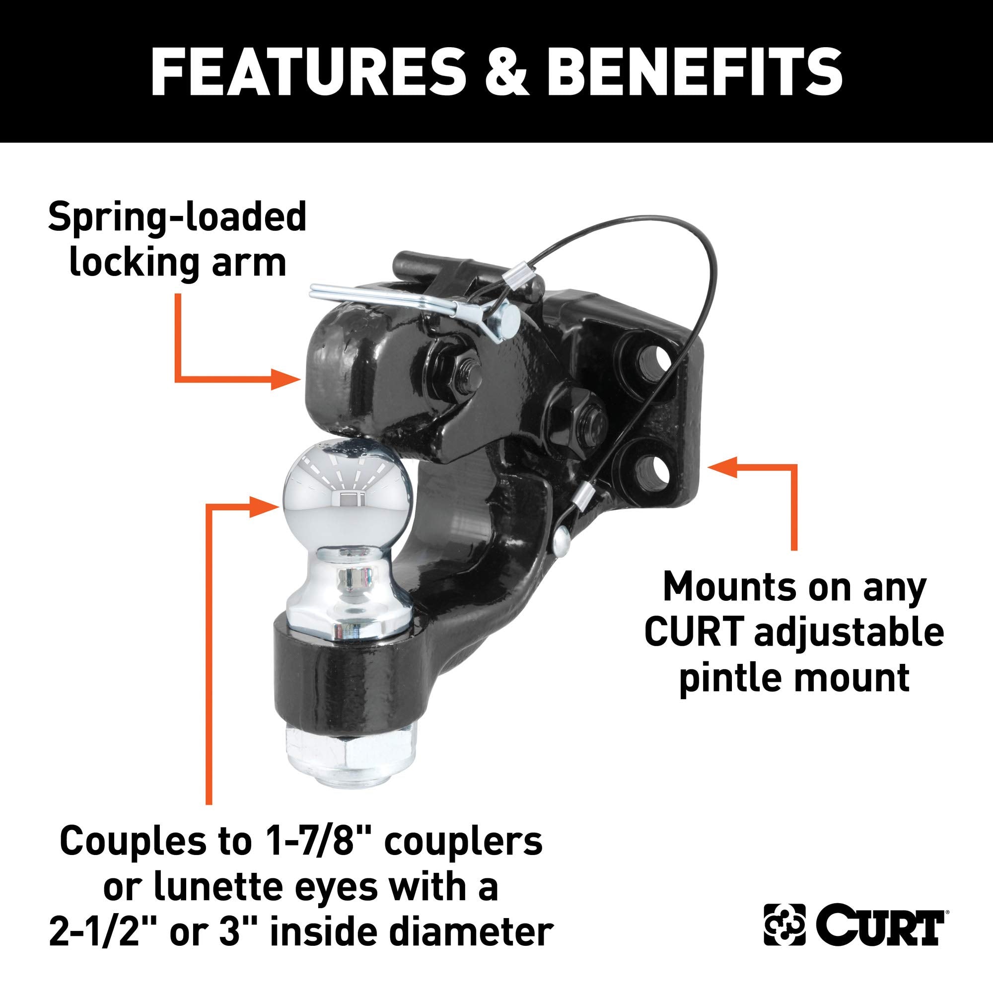 CURT Pintle Hitch with 1-7/8-Inch Trailer Ball, 16,000 lbs, Mount Required 48180