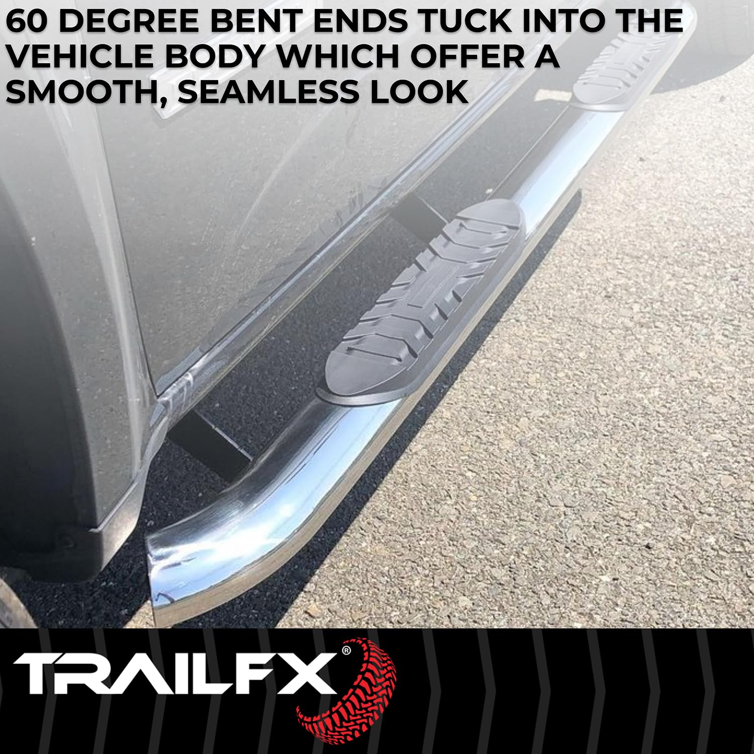 4 Inch Oval Bent Nerf Bars TrailFX A1019S Fits 2024–2025 Toyota Tacoma with Step Pads Polished T304 Stainless Steel, Welded End Caps, Rocker Panel Mount, Bolt On Installation