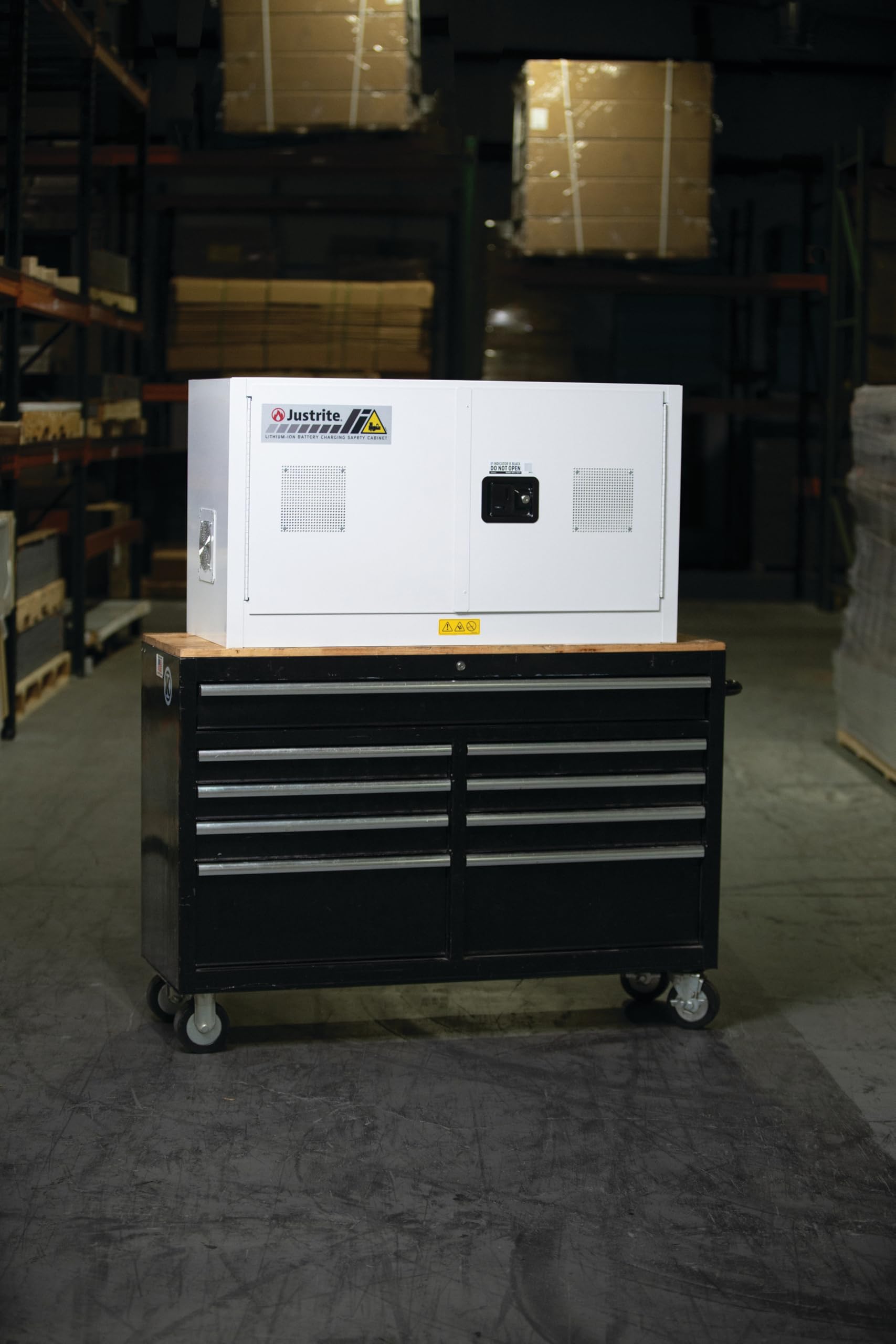 Justrite Battery Storage Charging Cabinet Lithium Ion, 24"x43"x18", 8 Receptacle Charger, 2 Door Manual Close Tool Battery Storage Container, Made in The USA, Gray, 231703