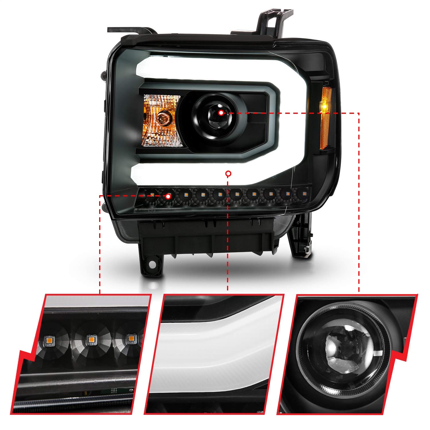 2014-2015 GMC Sierra 1500 ANZO (111513) Projector Headlights w/Light Bar Black Housing (Halogen Type)