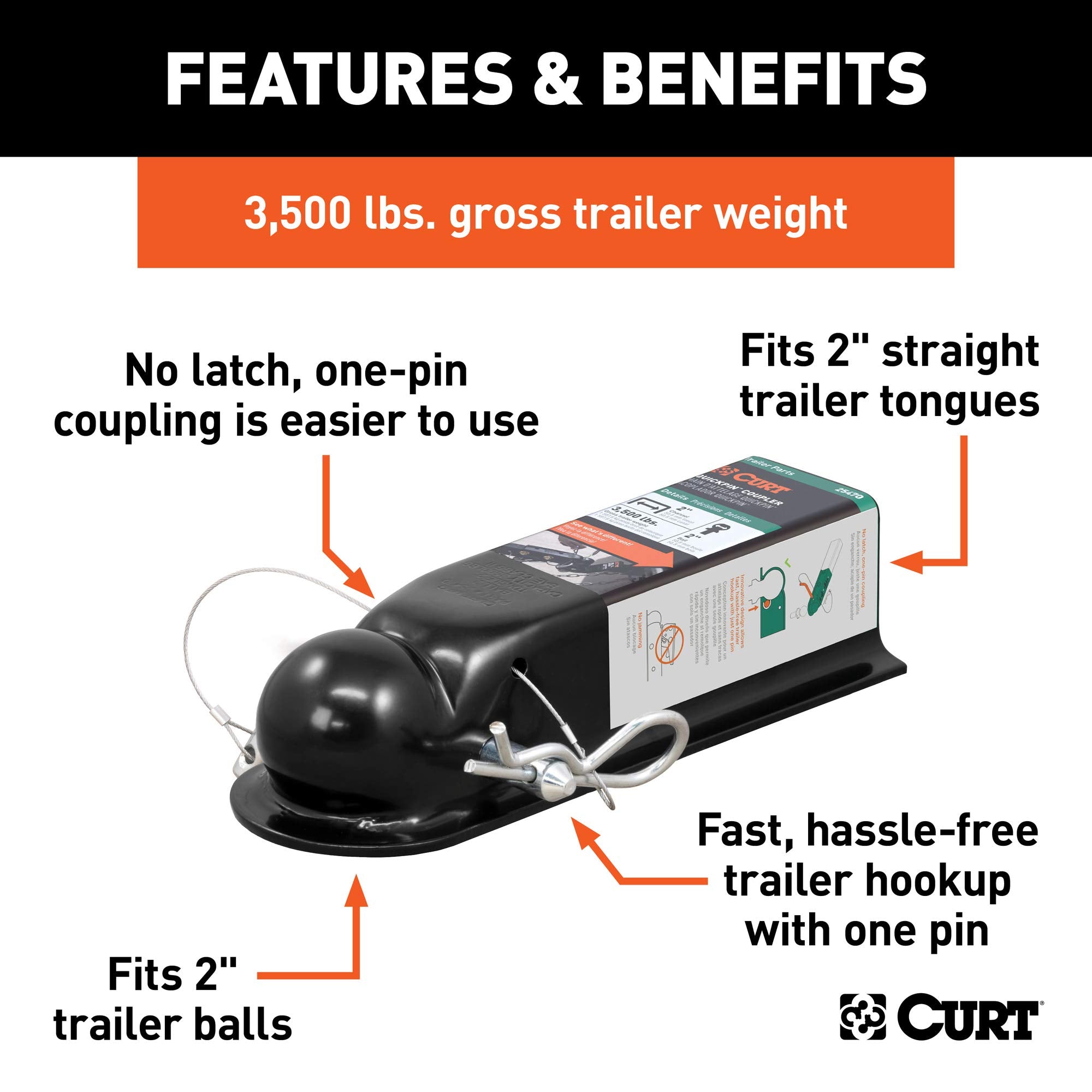 CURT QuickPin 25470 No-Latch Trailer Coupler for 2-Inch Hitch Ball, 2-in Channel, 3,500 lbs