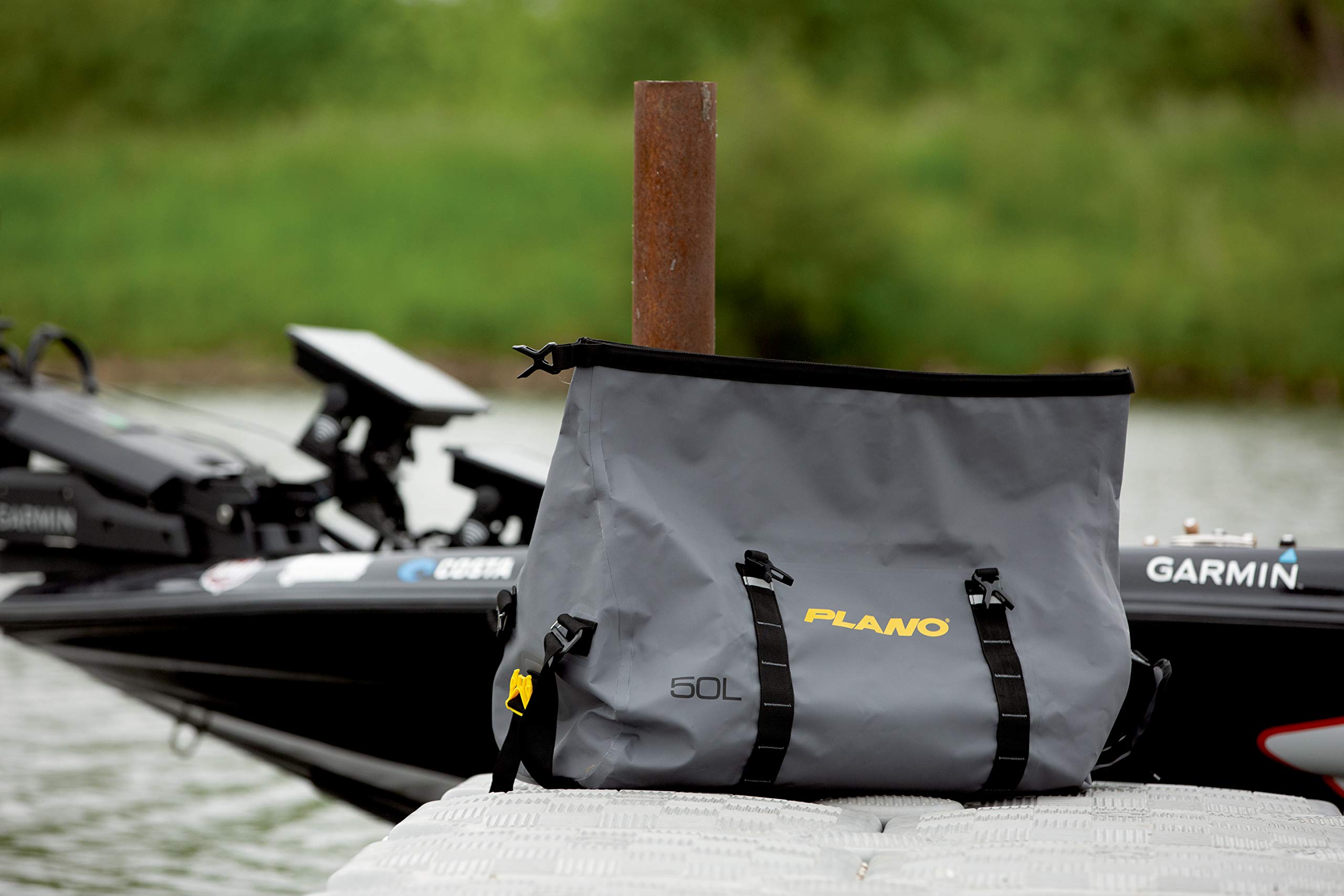 Z-Series Plano Roll-Top Waterproof Duffel with Backpack Straps, Gray with Yellow Accents, 500D PVC Fabric Fishing Dry Bag, Soft Fishing Duffel Bag Storage