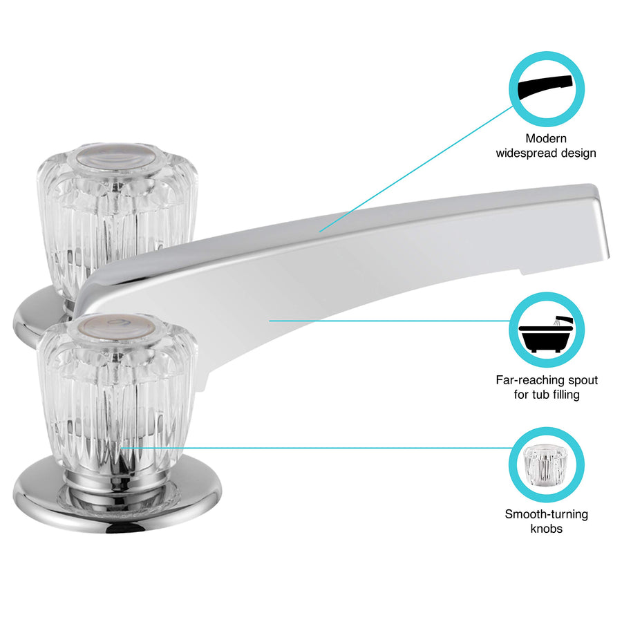 Dura Faucet Widespread Economical Garden Tub or Filler Faucet - Crystal Acrylic Knob Handles (Chrome Polished)
