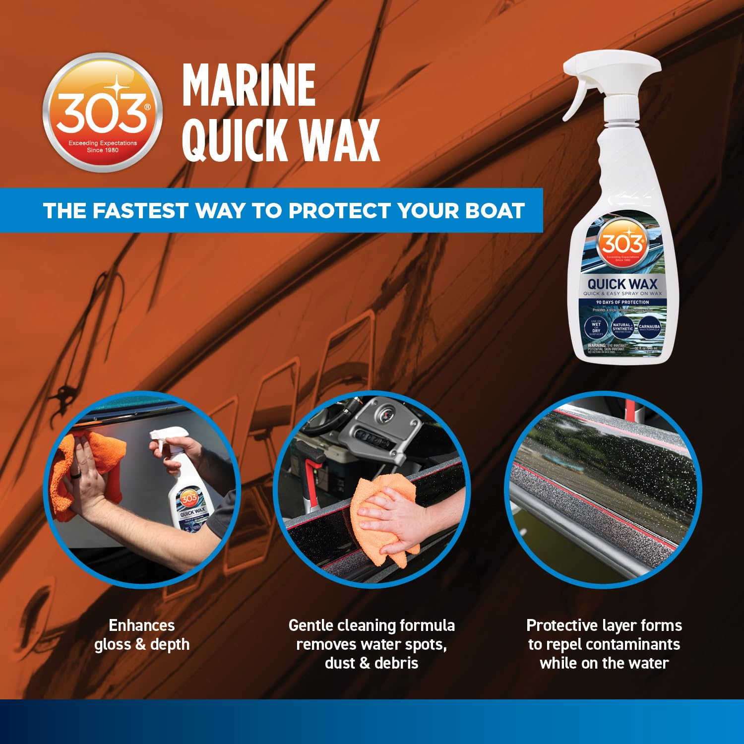 303 Quick Wax Marine - Quick & Easy - 90 Days Of Protection - Provides a Slick, Protective, Glossy Shine - Use On Wet / Dry Surfaces - Carnauba Wax, 32oz. (30213)