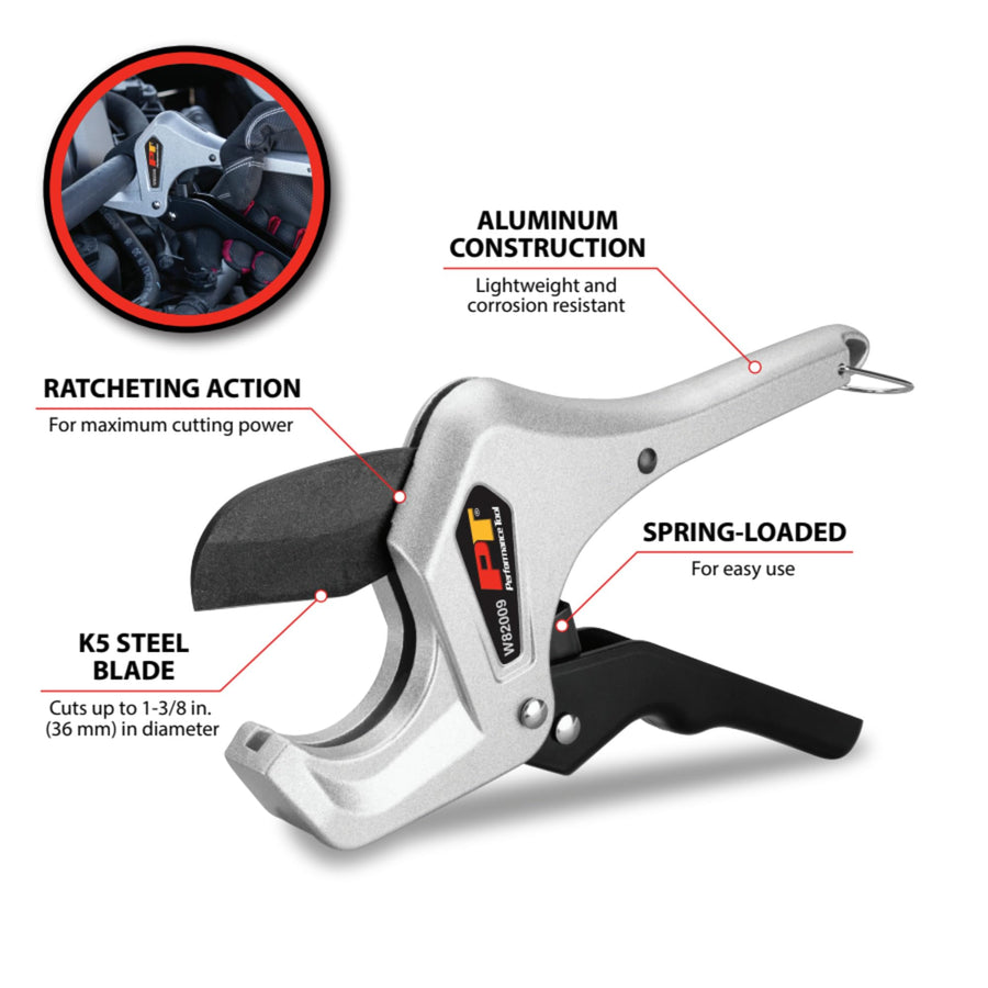 W82009 Performance Tool 1-3/8-Inch Ratcheting PVC Pipe Cutter, Heavy Duty SK5 Steel Blade, Cuts PVC, CPVC, PEX, Rubber Hoses, Sping Loaded Comfort Grip