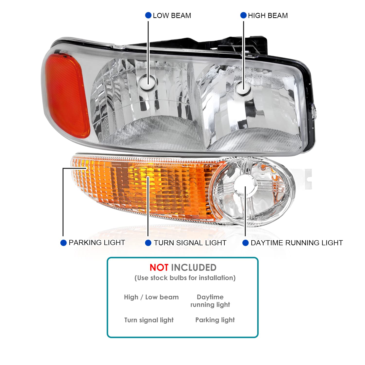 Chrome Headlights + Spec-D Tuning Bumper Lamps Compatible with 2000-2006 GMC Sierra 1500 2500 Yukon XL Denali, Left + Right Pair Assembly