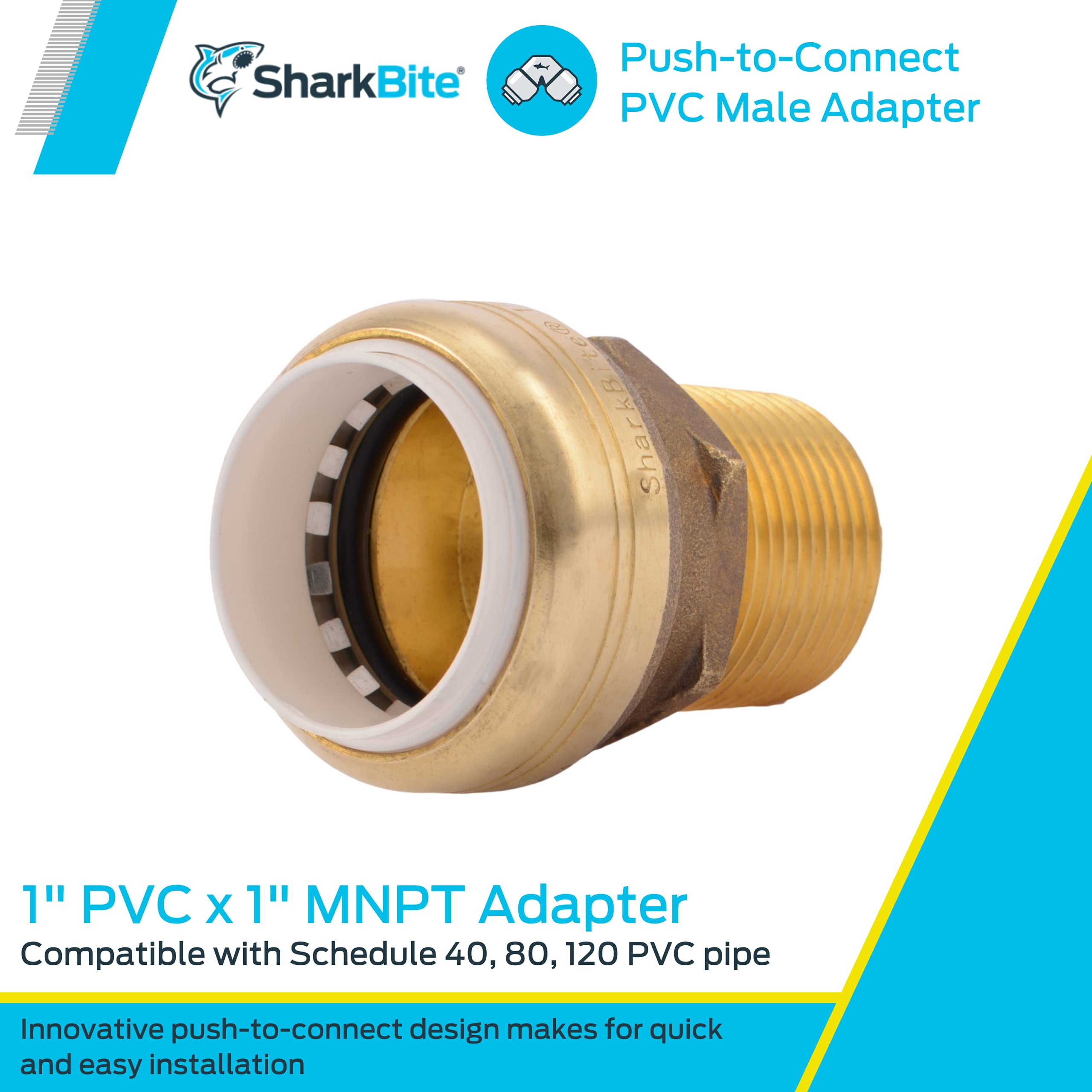 1 Inch SharkBite PVC x 1 Inch MNPT Adapter, Push to Connect Brass Plumbing Fitting, PEX Pipe, Copper, CPVC, PE-RT, HDPE, UIP140A