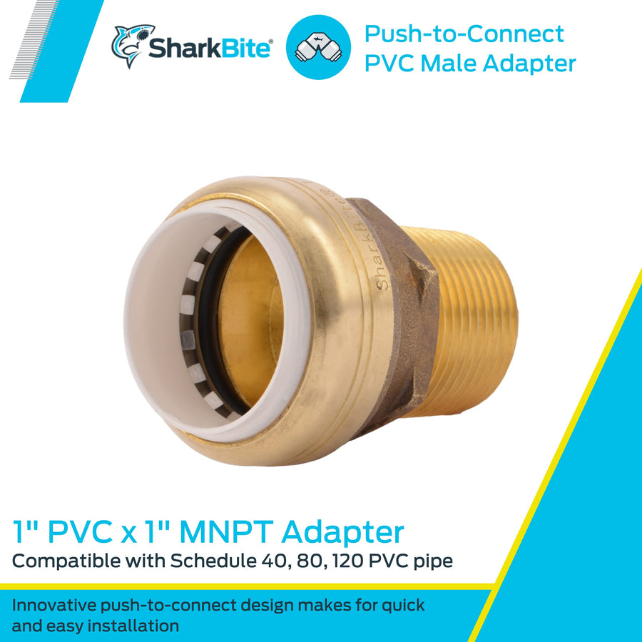 1 Inch SharkBite PVC x 1 Inch MNPT Adapter, Push to Connect Brass Plumbing Fitting, PEX Pipe, Copper, CPVC, PE-RT, HDPE, UIP140A