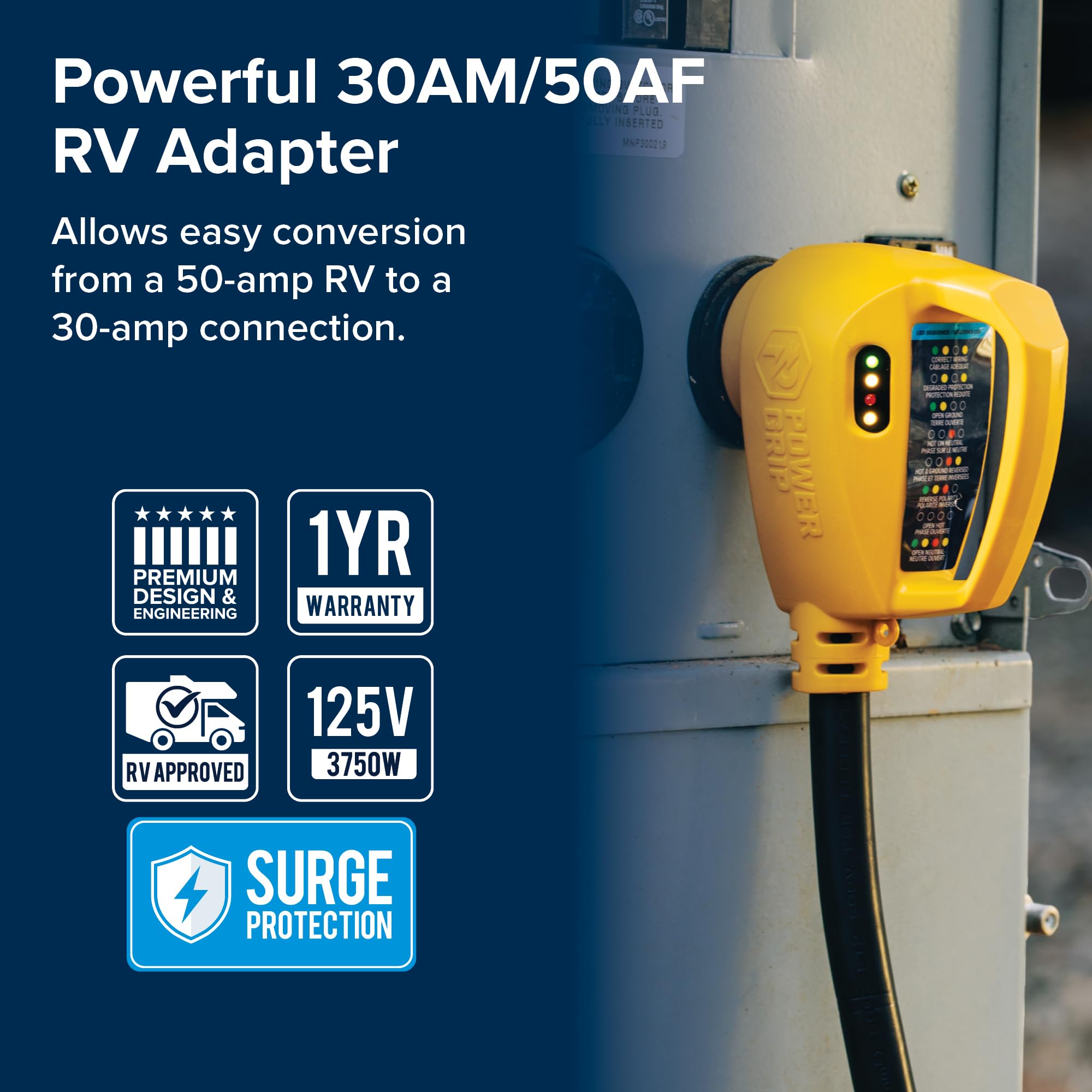 Camco Power Grip 30-Amp RV 18" Circuit Analyzer Dogbone - Features Integrated Surge Protection & Fault Indication, 18", 30-Amp Male to 50-Amp Female, 125V / 3750W (55460)