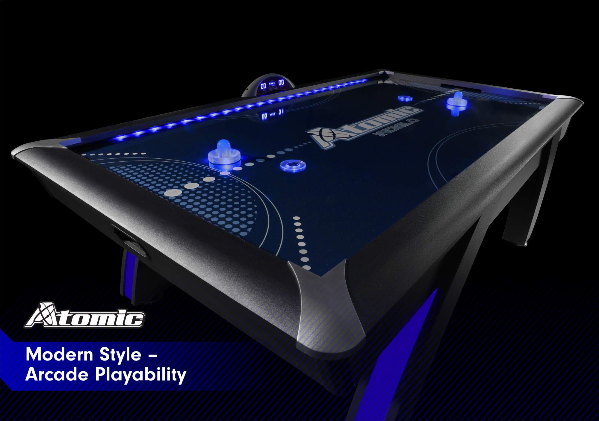 90” Atomic Indiglo LED Light UP Arcade Air Powered Hockey Table - Includes Light Up Pucks and Pushers, Grey