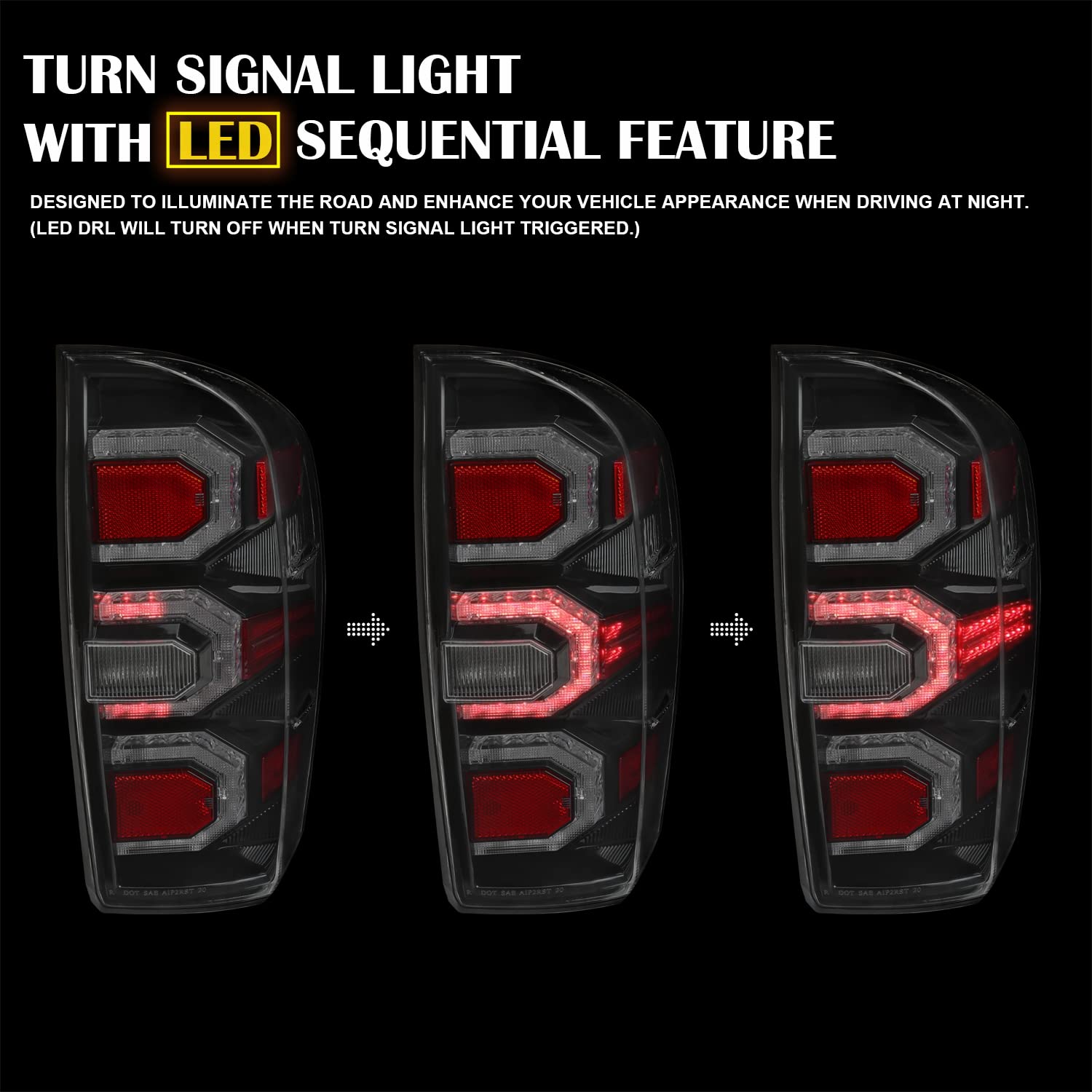 Spec-D Tuning Clear Lens Jet Black Housing LED Tail Lights w/Sequential DRL Strips Compatible with 2016-2022 Toyota Tacoma, Left + Right Pair Assembly
