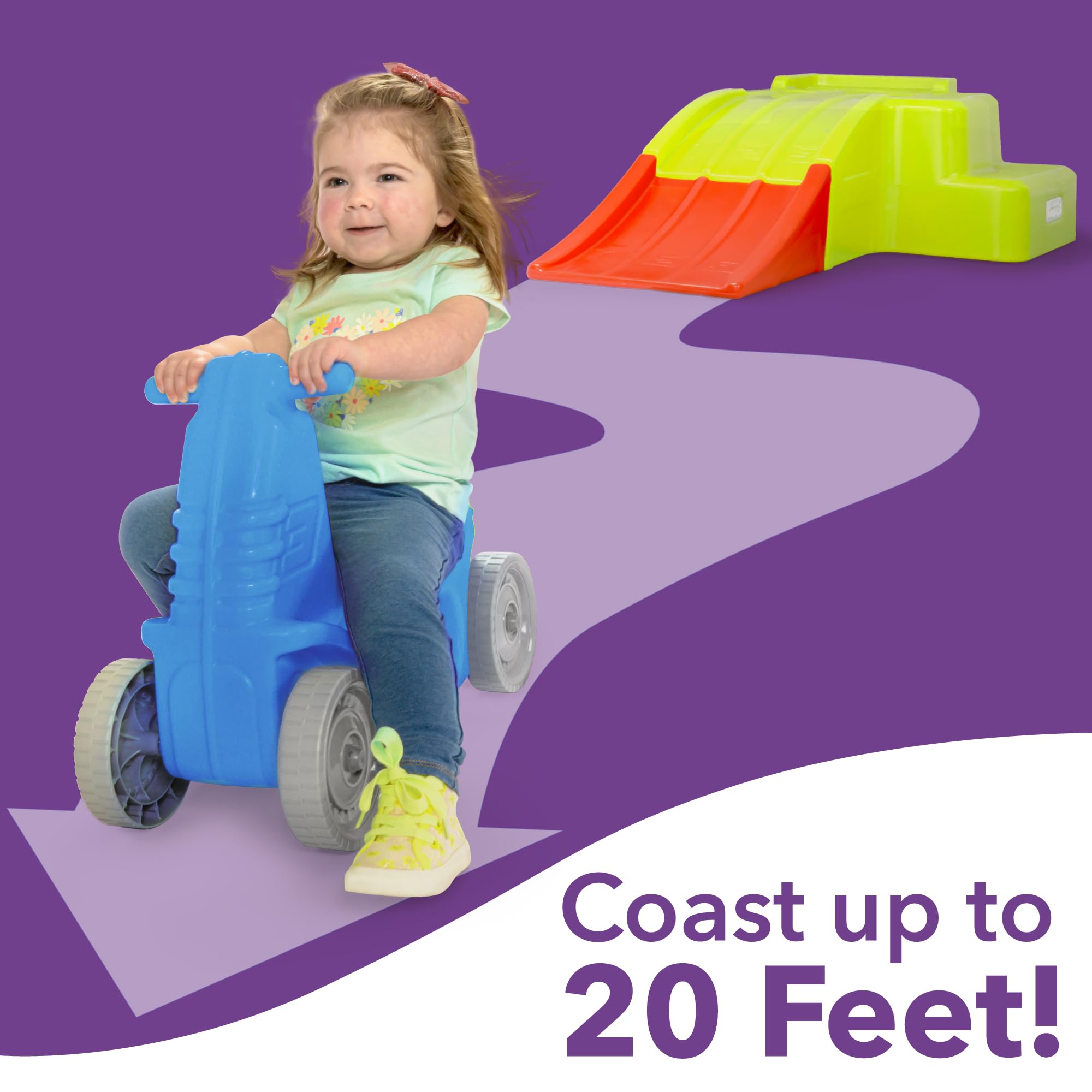 Downhill Thrill Simplay3 Kids Roller Coaster Indoor-Outdoor Ride-on Toy, with Blue Ride-on Car, Coaster Ramp and Clicking Wheels, for Kids Age 2-5 Years, Made in The USA