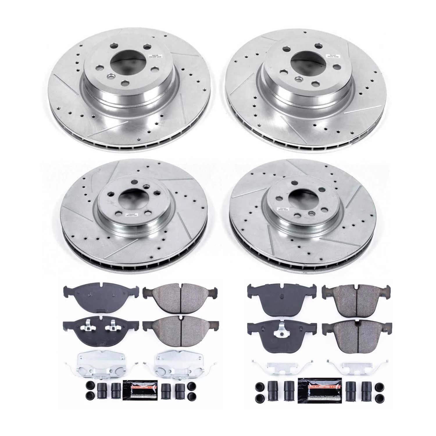 Power Stop K8442 Z23 Carbon Fiber Brake Pads Front and Rear with Drilled & Slotted Brake Rotors Kit For BMW X6 2019 [Model Specific]