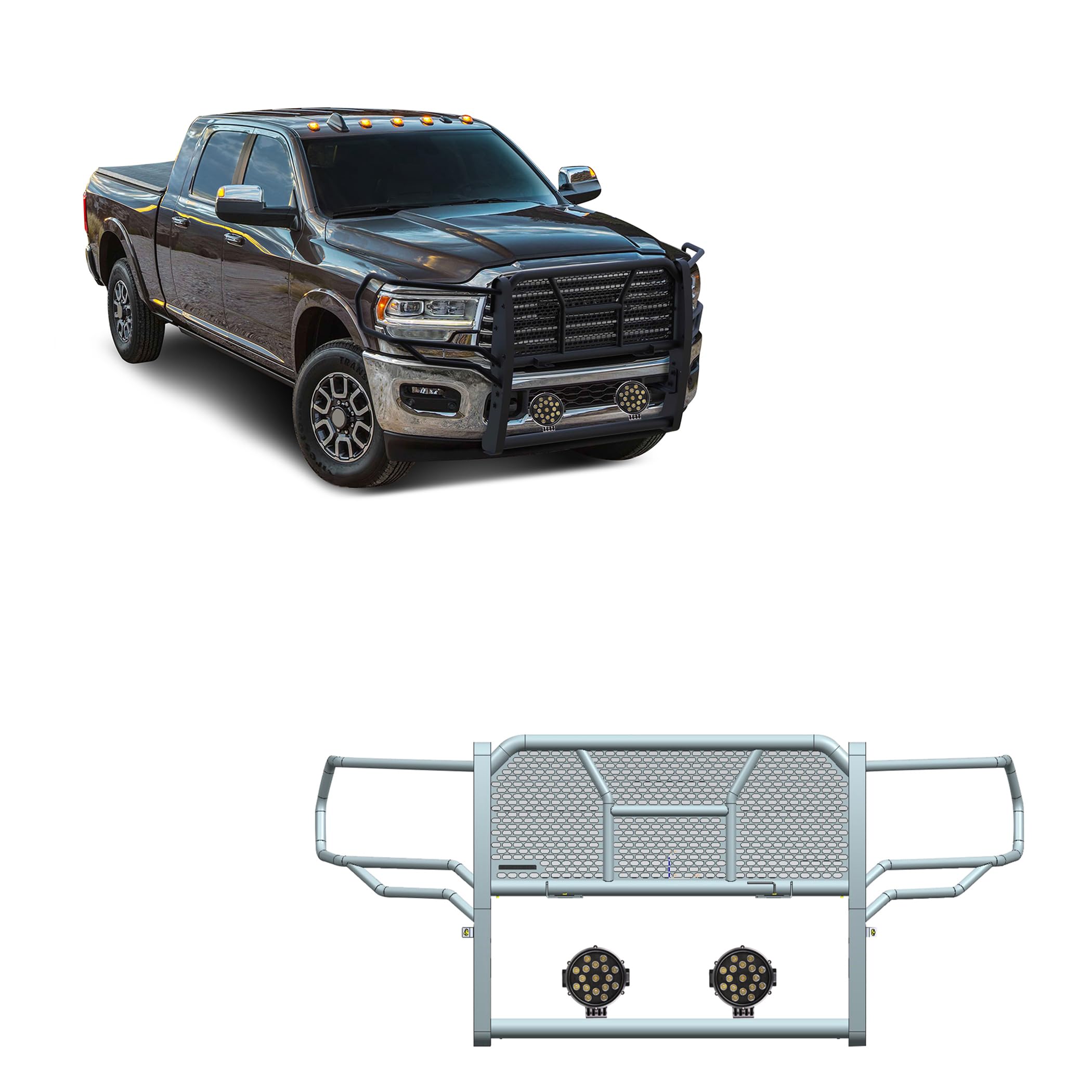 Heavy Duty Black Horse Rugged Grille Brush Bumper Guard Modular Come with Pair of 7.0" Dia.LED Lights with Black Trim Rings Compatible with 2019-2024 Ram 2500|2019-2024 Ram 3500-RU-DORA20-B-PLB