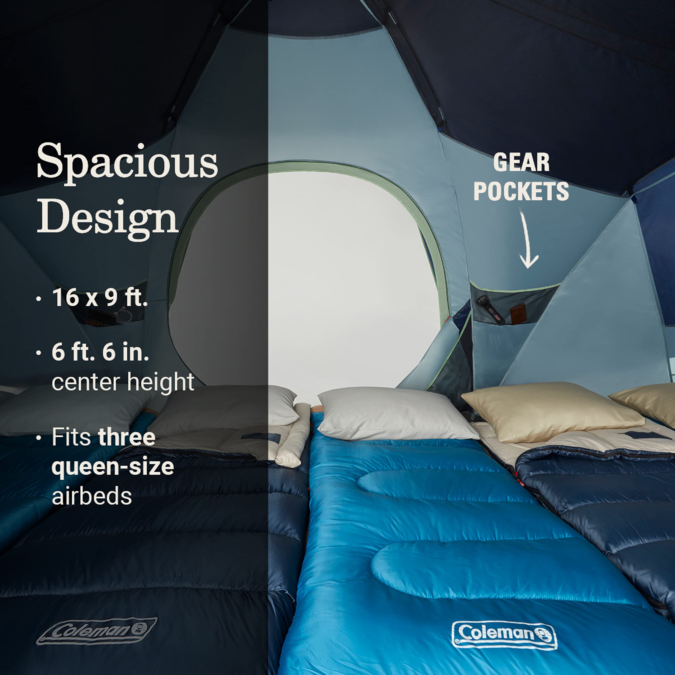 Coleman Skydome 10-Person Dark Room Tent with Rainfly, 5 Minute Setup, Blocks 90% of Sunlight, 20% More Headroom Than Traditional Tents