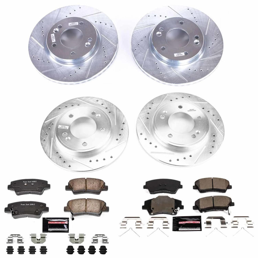 Power Stop K8344 Z23 Carbon Fiber Brake Pads Front and Rear with Drilled & Slotted Brake Rotors Kit For Hyundai Elantra 2019 [Model Specific]