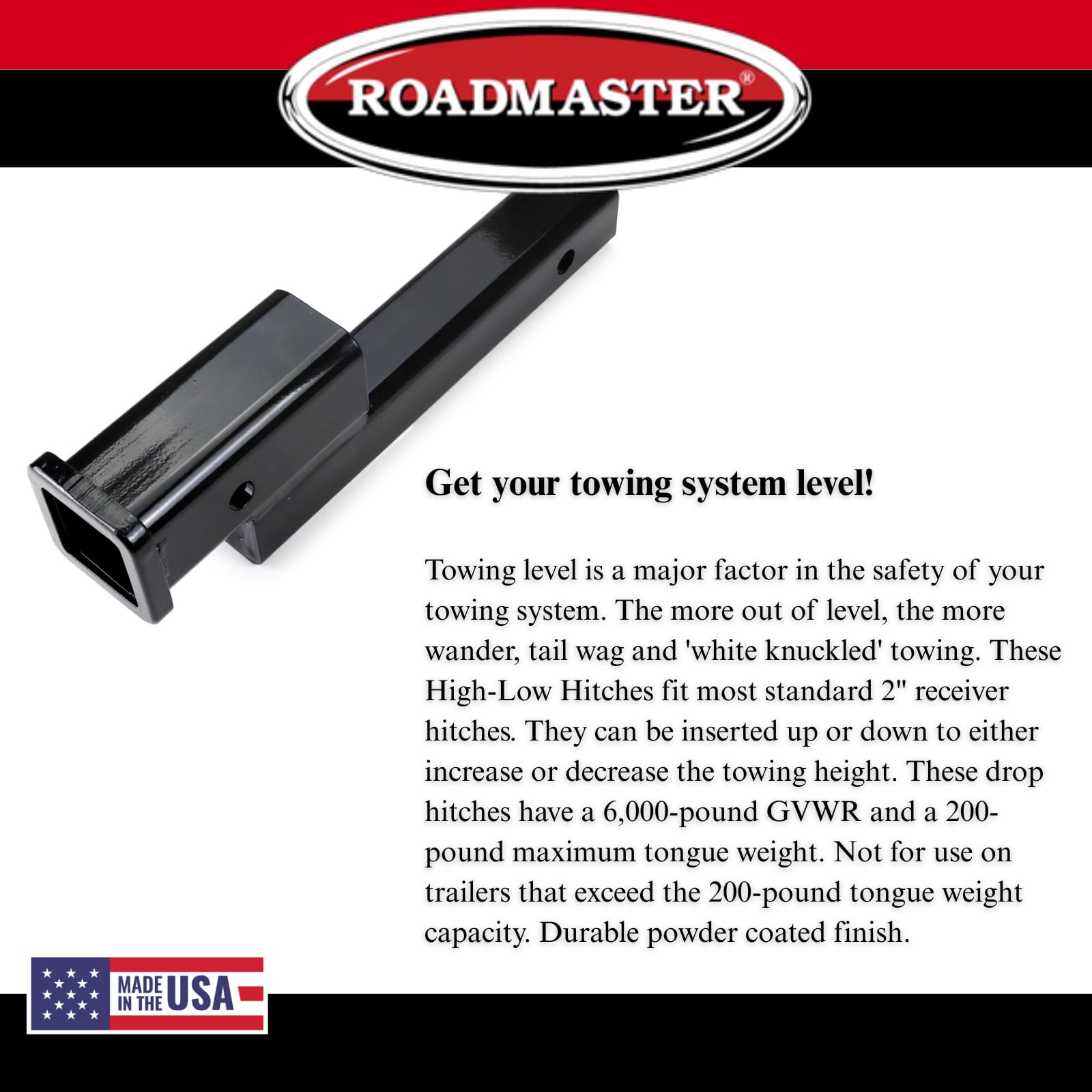 Roadmaster 072 Receiver Hitch Hi-Low with 2" Offset fits 2" Hitch Receiver | 6000 lbs Towing Capacity | 200 lbs Max Tongue Weight | Durable Powder Coat Finish | Made in The USA