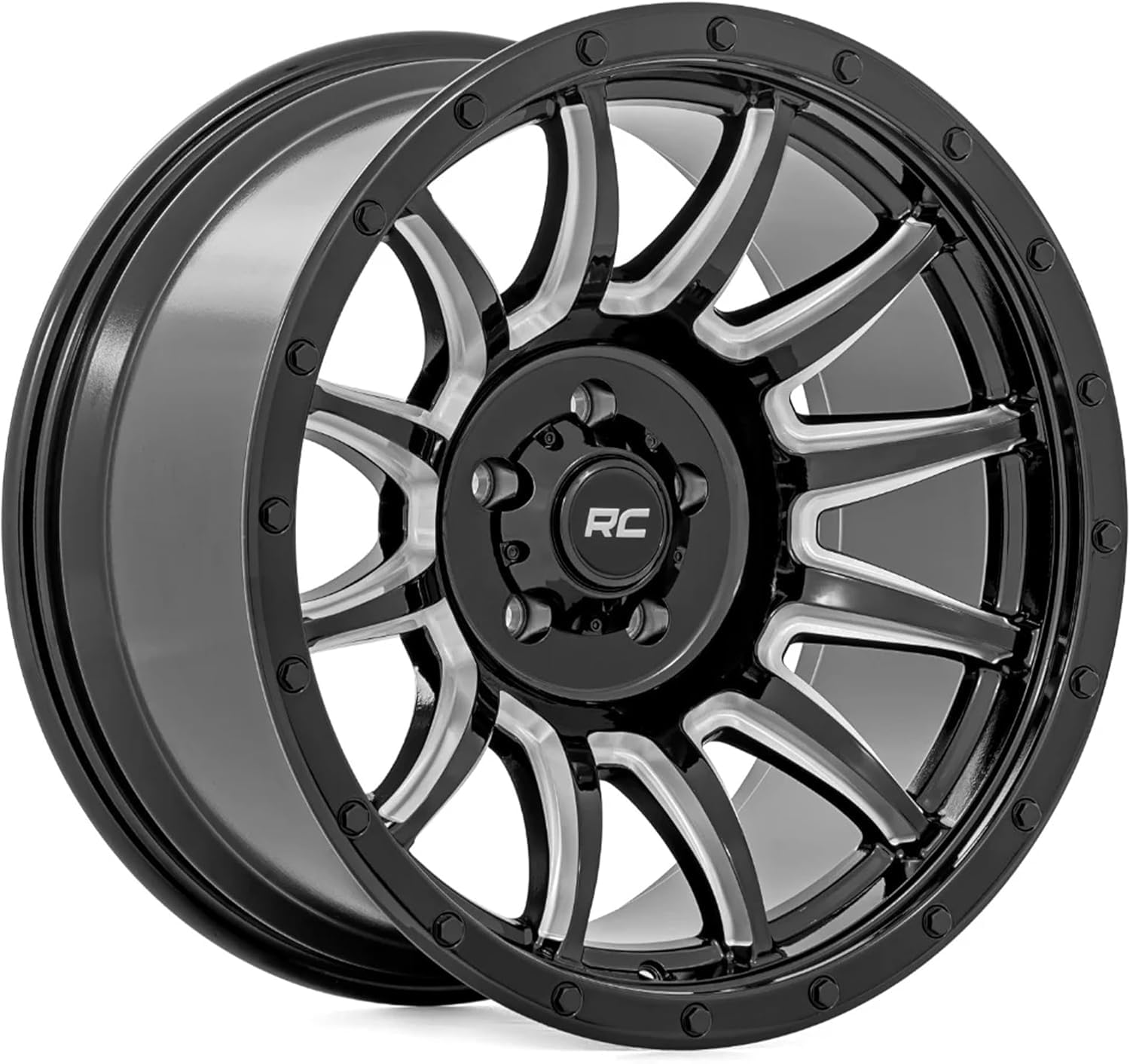 90 Series Rough Country 18x9 Wheel - 6x5.5" Bolt Pattern, 12mm Offset, One Piece Aluminum Rim, Gloss Black Finish with Machined 12-Spoke Design for Trucks, Jeeps, Off-Road