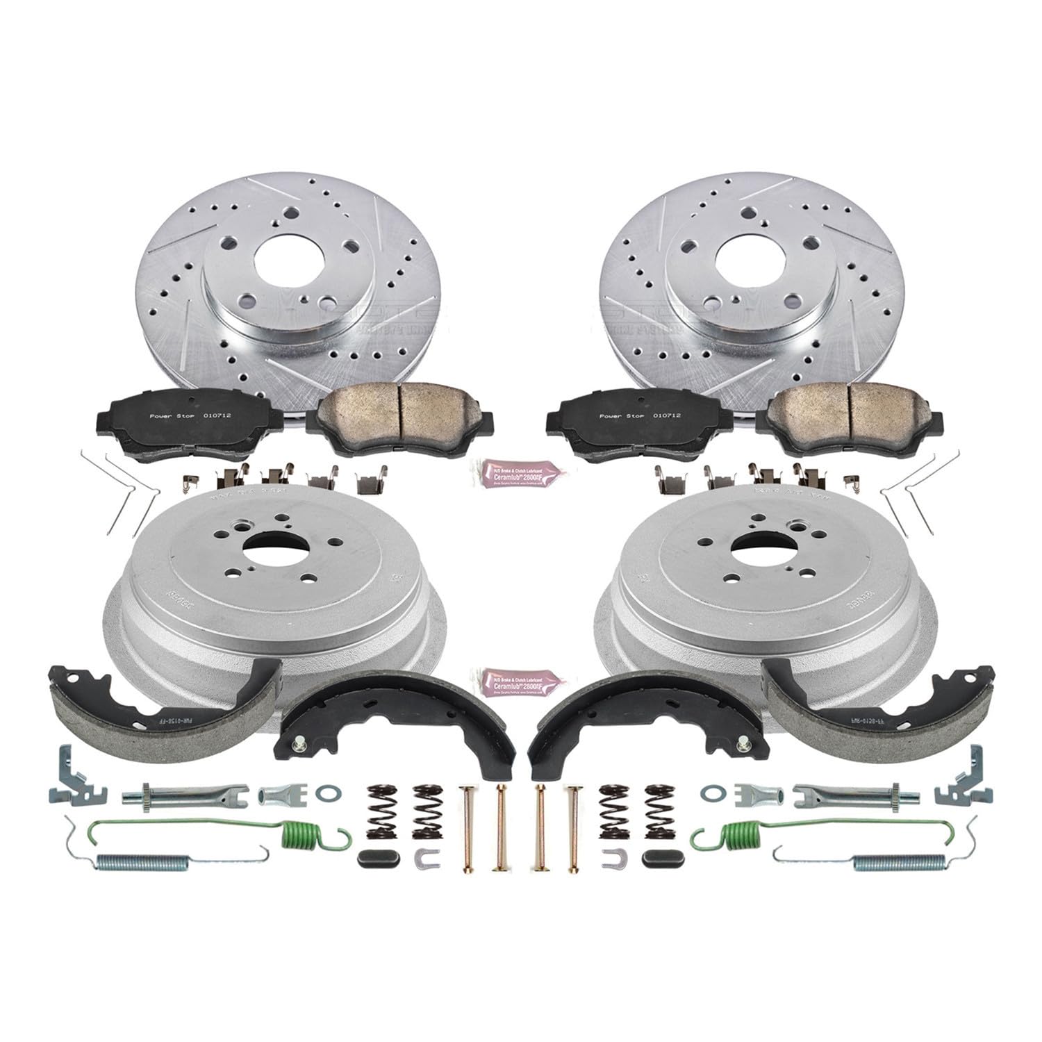 Power Stop K15179DK Z23 Carbon Fiber Brake Pads Front and Rear with Drilled & Slotted Brake Drums Kit For Toyota Sienna 1998-2003 [Model Specific]