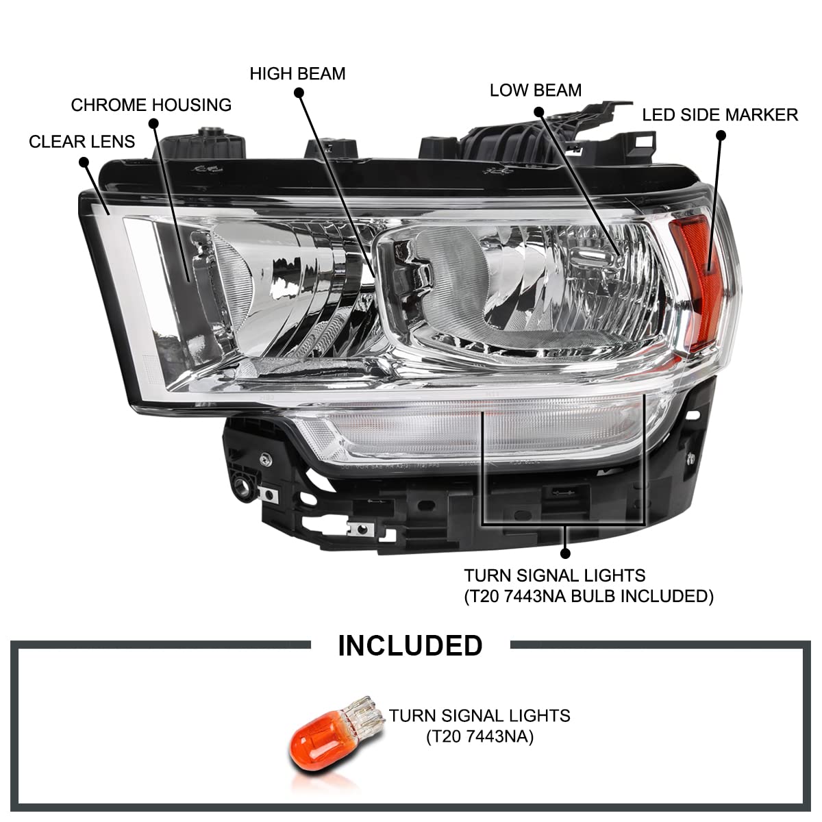 Chrome Headlights SPEC-D TUNING Compatible with 2019-2024 Ram 2500, 3500, Left + Right Pair Headlamp Assembly