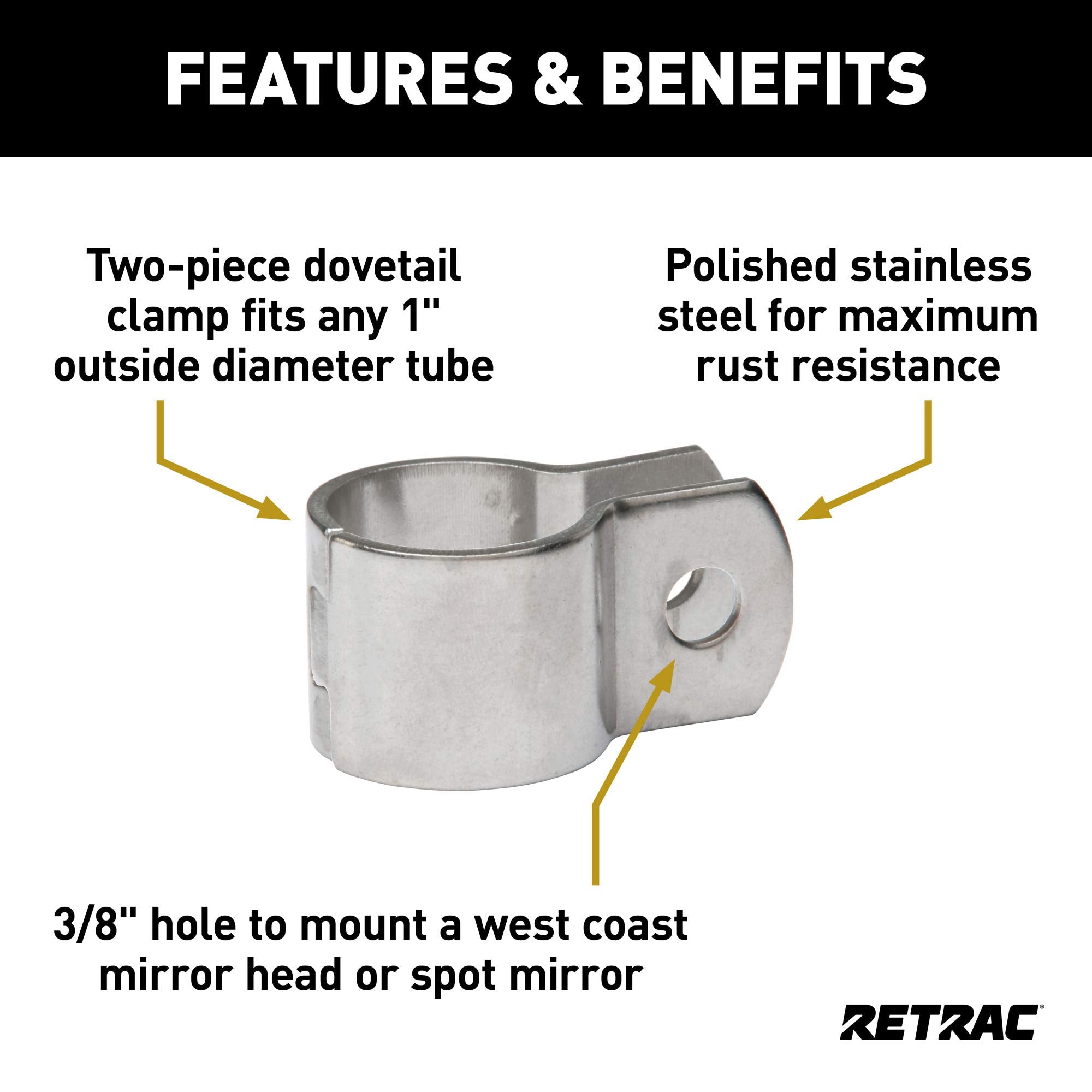 612994 Retrac 1-Inch Stainless Steel Dovetail Mirror Clamp, 3/8-In Holes