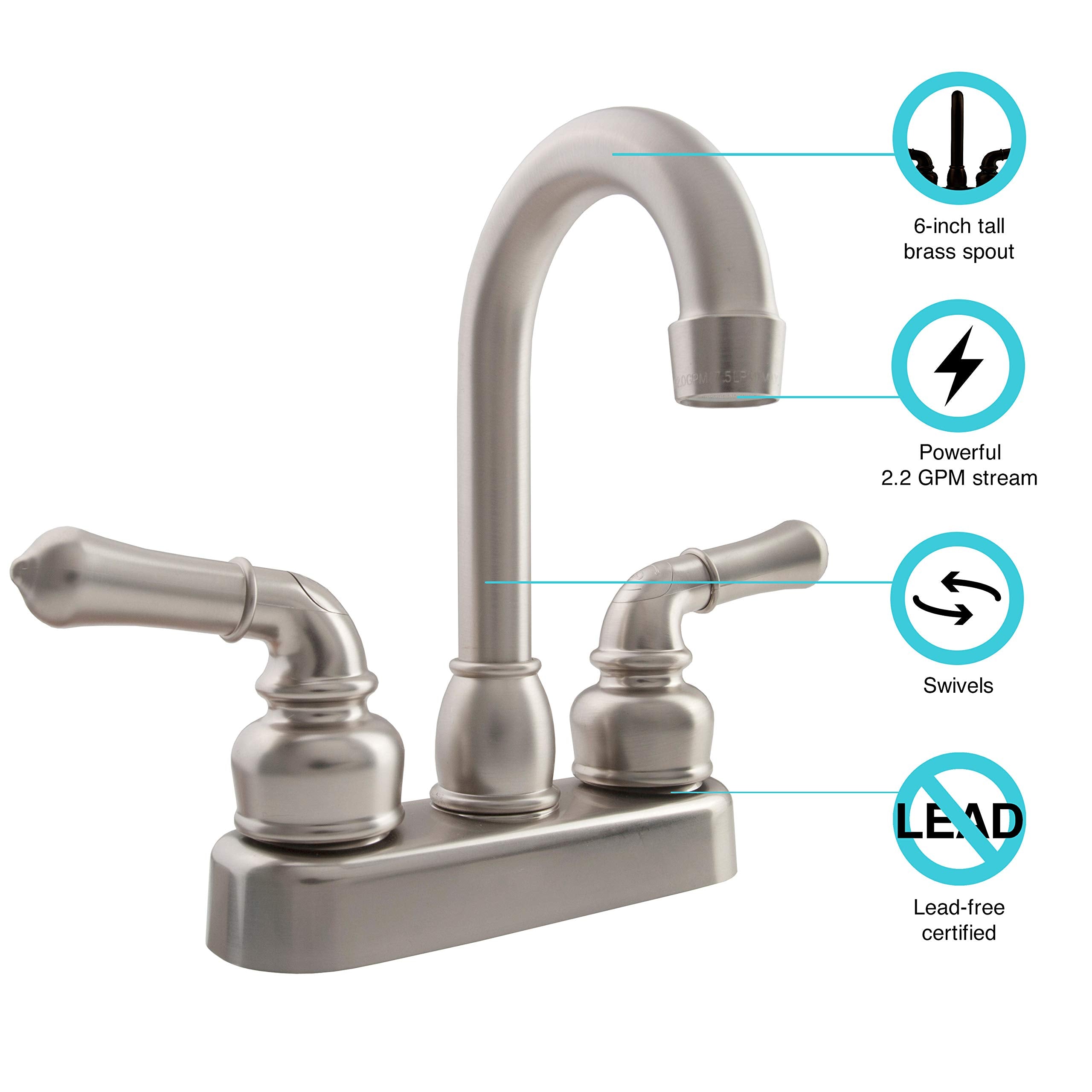 RV Swivel Bar Faucet Dura Faucet (DF-PB150C-SN) with Classical Levers - 6-inch Spout (Brushed Satin Nickel)