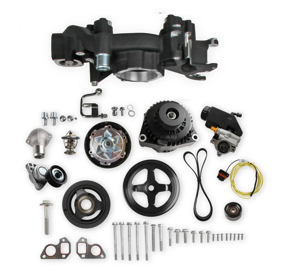 Holley Complete LS Swap Front Accessory Serpentine Drive System | Mid-Mount with Water Pump, Alternator & Power Steering | Gen III/IV 4.8/5.3/LS1/LS2/LS3/LS6 Black Finish 20-186BK