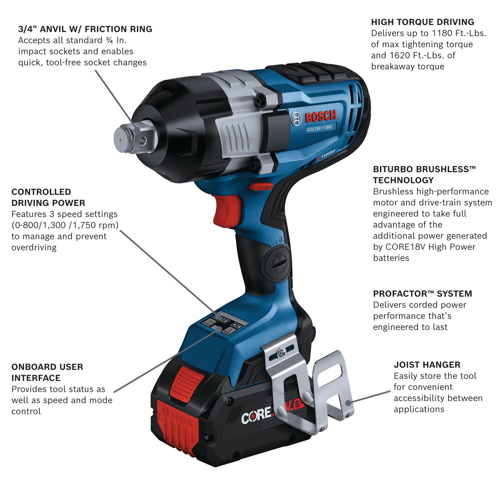 PROFACTOR™ BOSCH GDS18V-1180CB28 18V Connected-Ready 3/4 In. High Torque Impact Wrench Kit with Friction Ring and Thru-Hole and (2) CORE18V® 8 Ah Batteries
