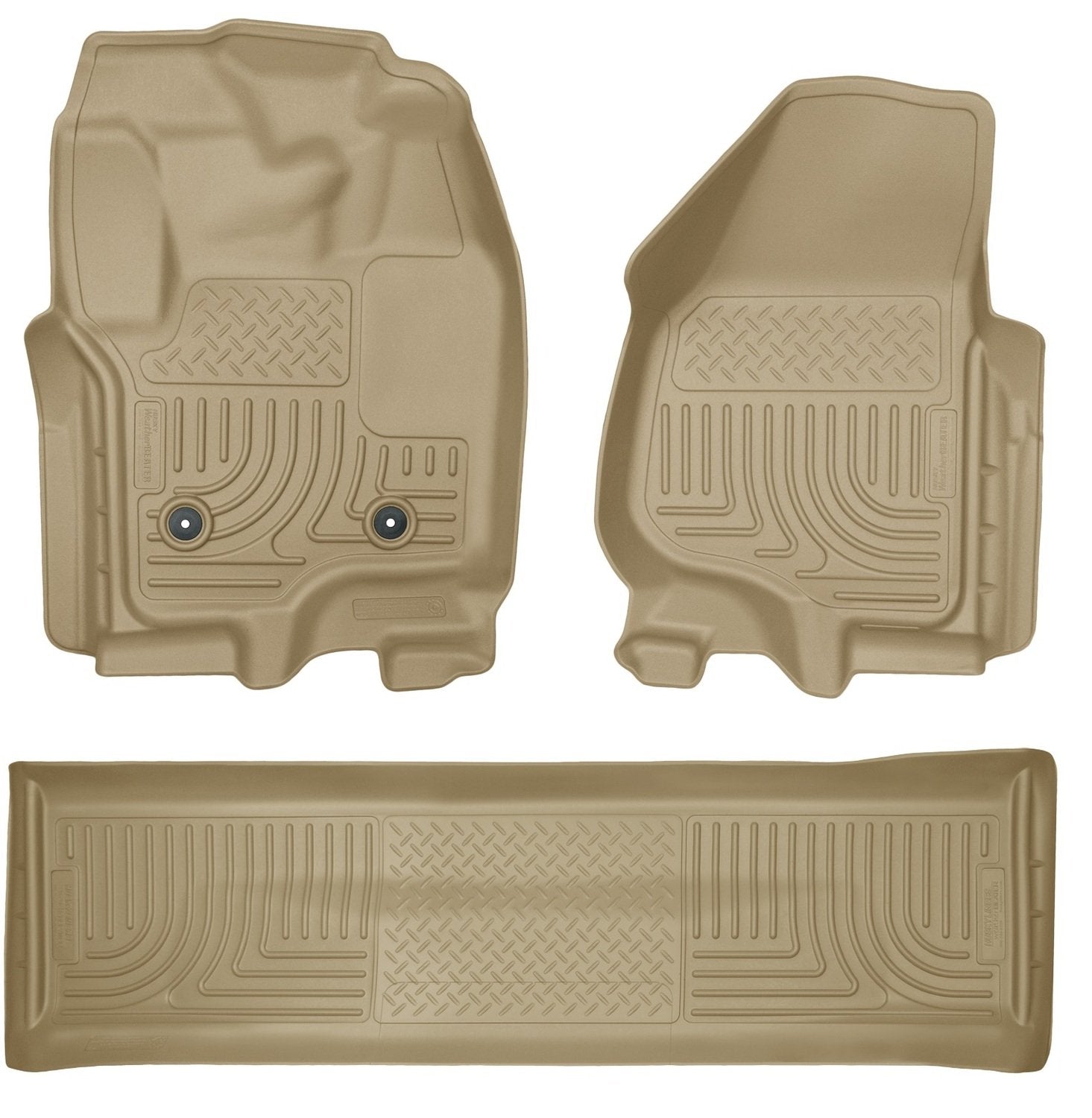 Weatherbeater Husky Liners Floor Mats | Fits 2011-2012 Ford F-250, F-350 SUPERCAB ONLY Without Driver Side Foot Rest or Manual Shifter (Footwell Coverage) | Front & 2nd Row, 3-pc Tan - 99713