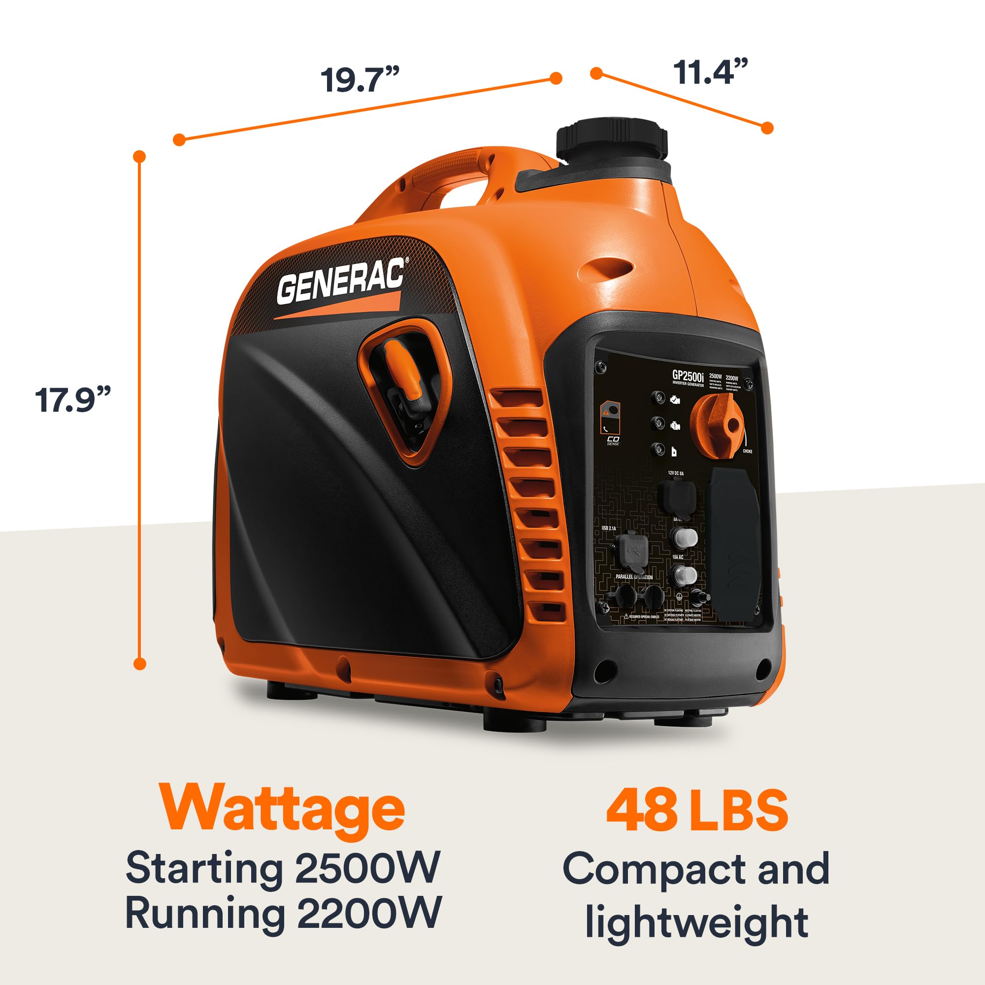 Generac Portable 2,500-Watt Gas Powered Inverter Generator - Lightweight and Compact Design - Produces Clean, Stable Power - Quiet Operation - Great for Home Backup, Camping, and RV Use