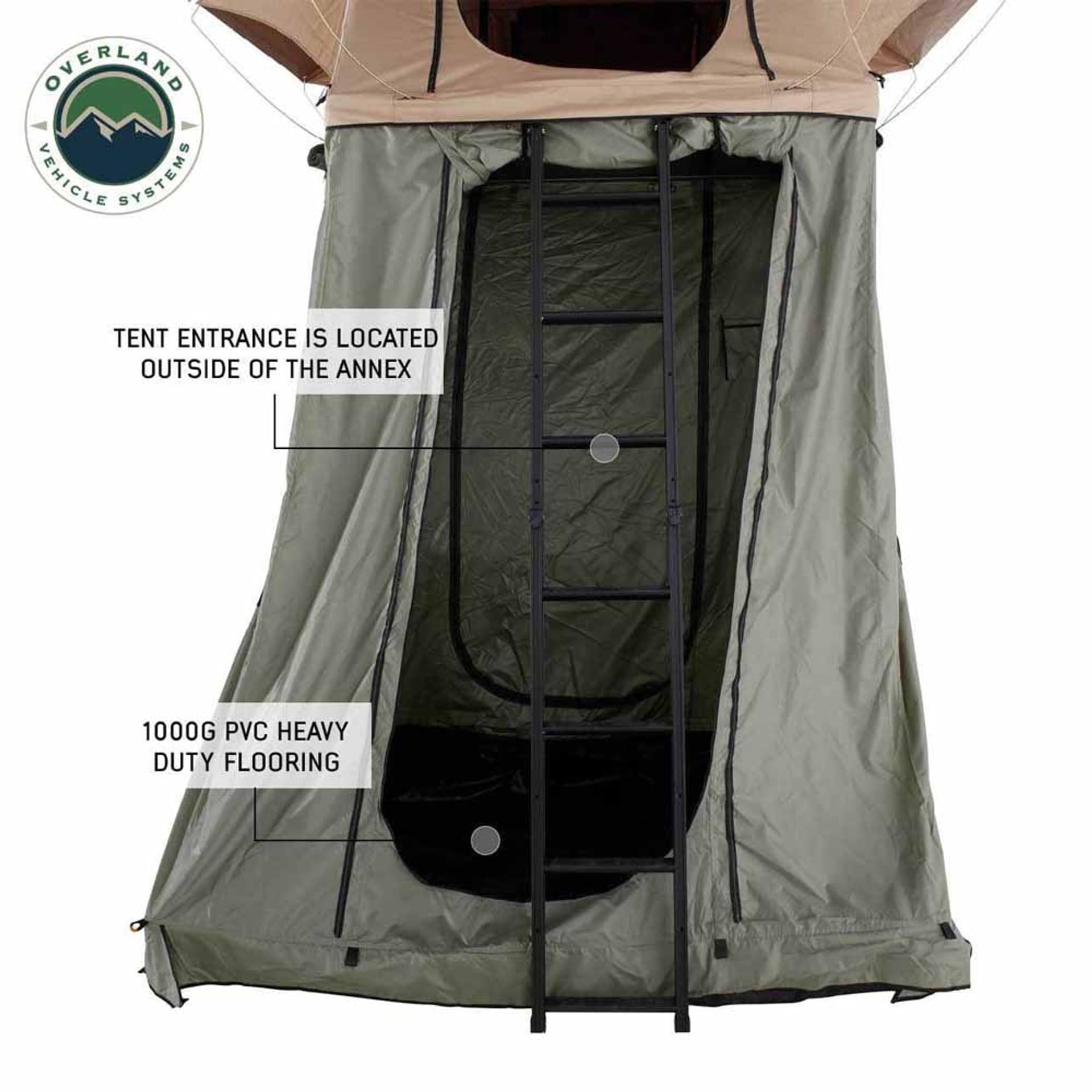 TMBK Overland Vehicle Systems LD 3 Soft Shell Roof Top Tent with Annex Combo, Tan Body & Green Rainfly with Green Annex