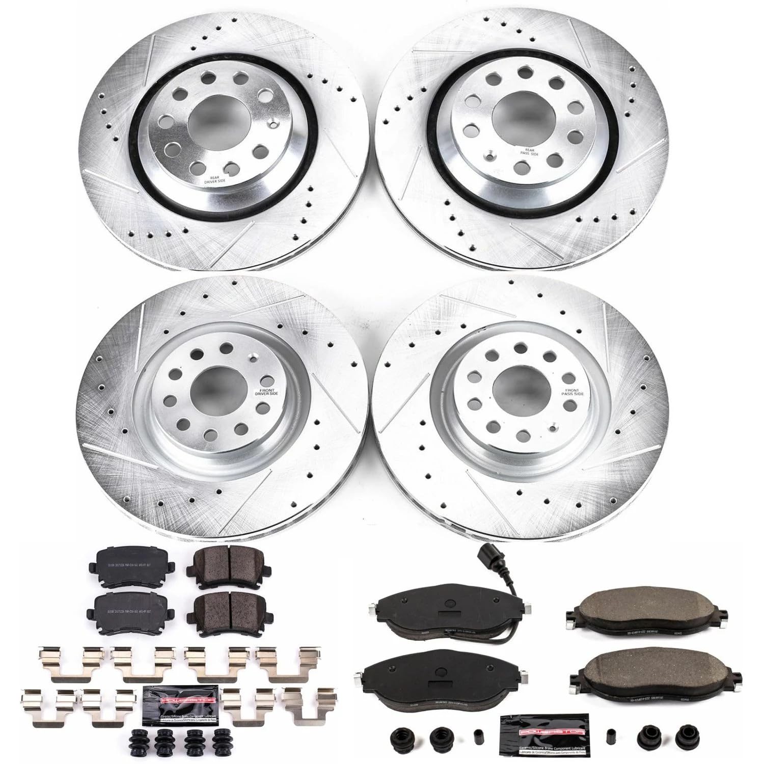 Power Stop K7254 Z23 Carbon Fiber Brake Pads Front and Rear with Drilled & Slotted Brake Rotors Kit For Volkswagen CC 2013-2016, Volkswagen GTI 2015-2021 [Model Specific]