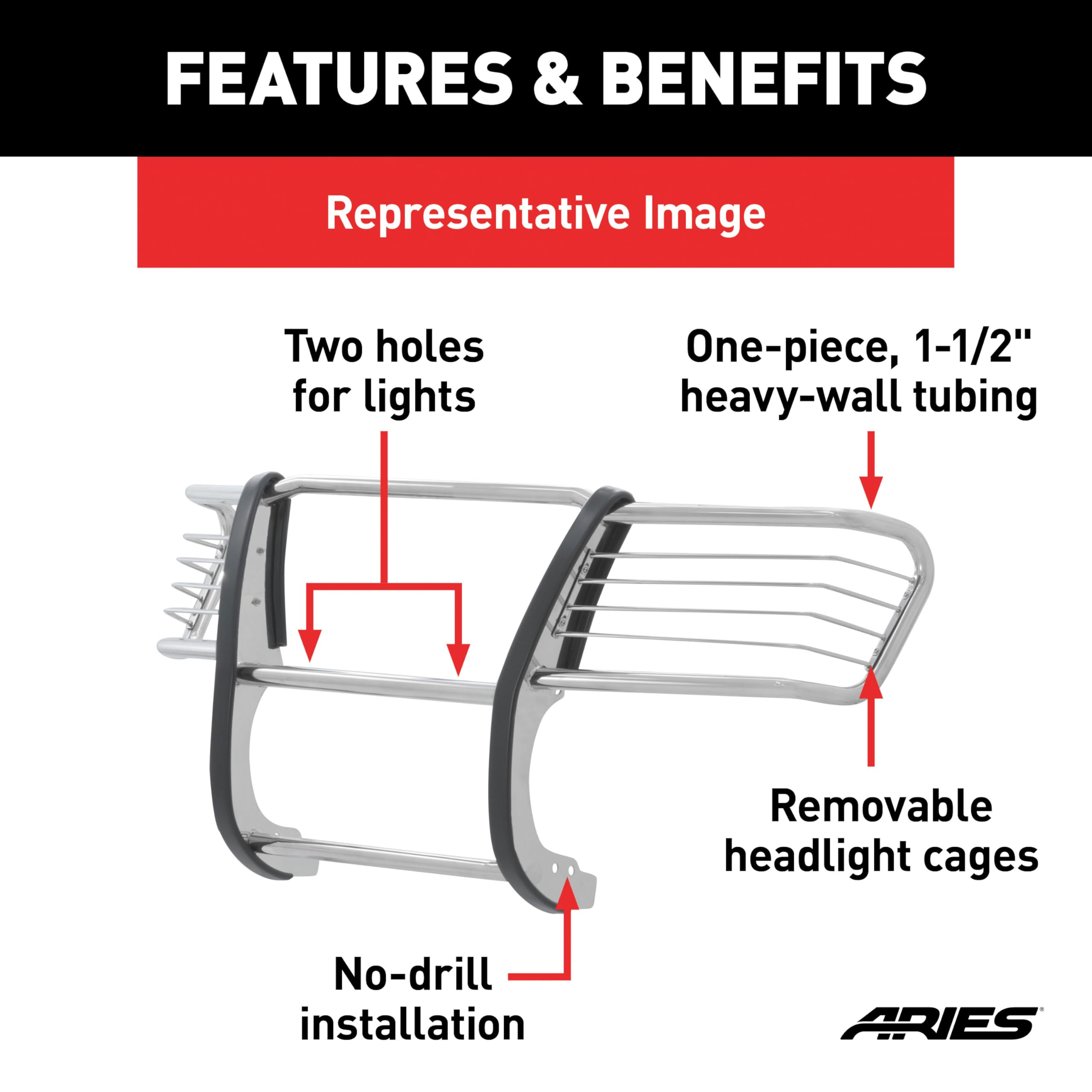 1-1/2-Inch ARIES Polished Stainless Steel Grille Guard, No-Drill, Select Ford F-150