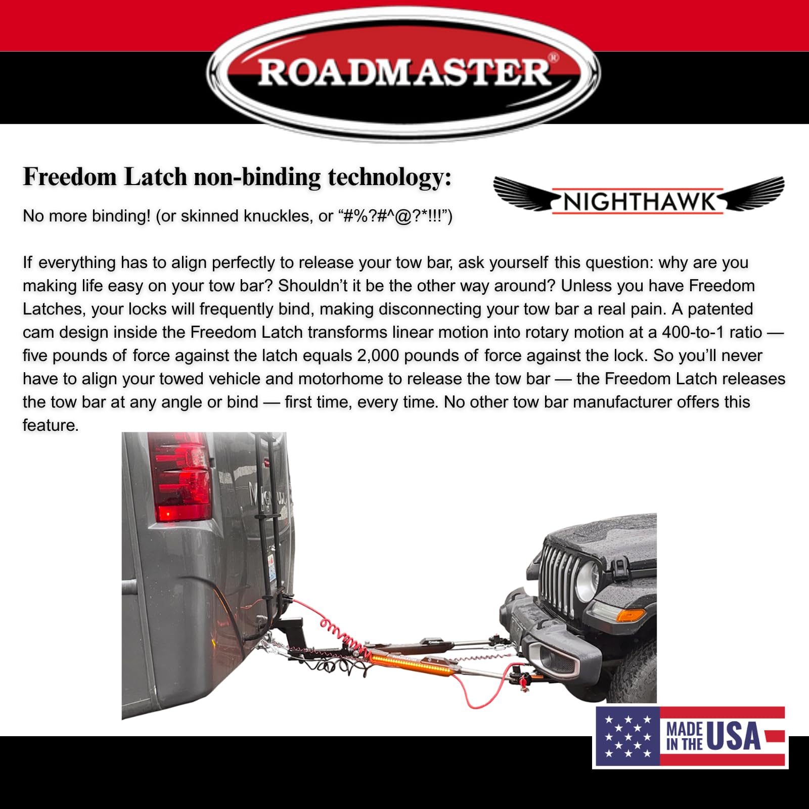 Roadmaster Nighthawk 676 Tow Bar fits Roadmaster Baseplates | Hauls Up to 8,000 lbs | Non-Binding Design | Multi-Functional LEDs | Proudly Made in The USA