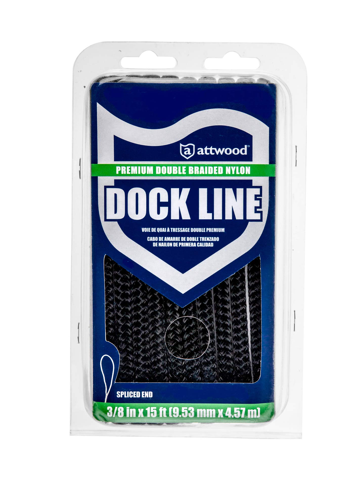 Double Braided Nylon Dock Line Attwood 117604-7 — UV-Resistant, 3/8-In. Thick, 15 Feet Long, Black